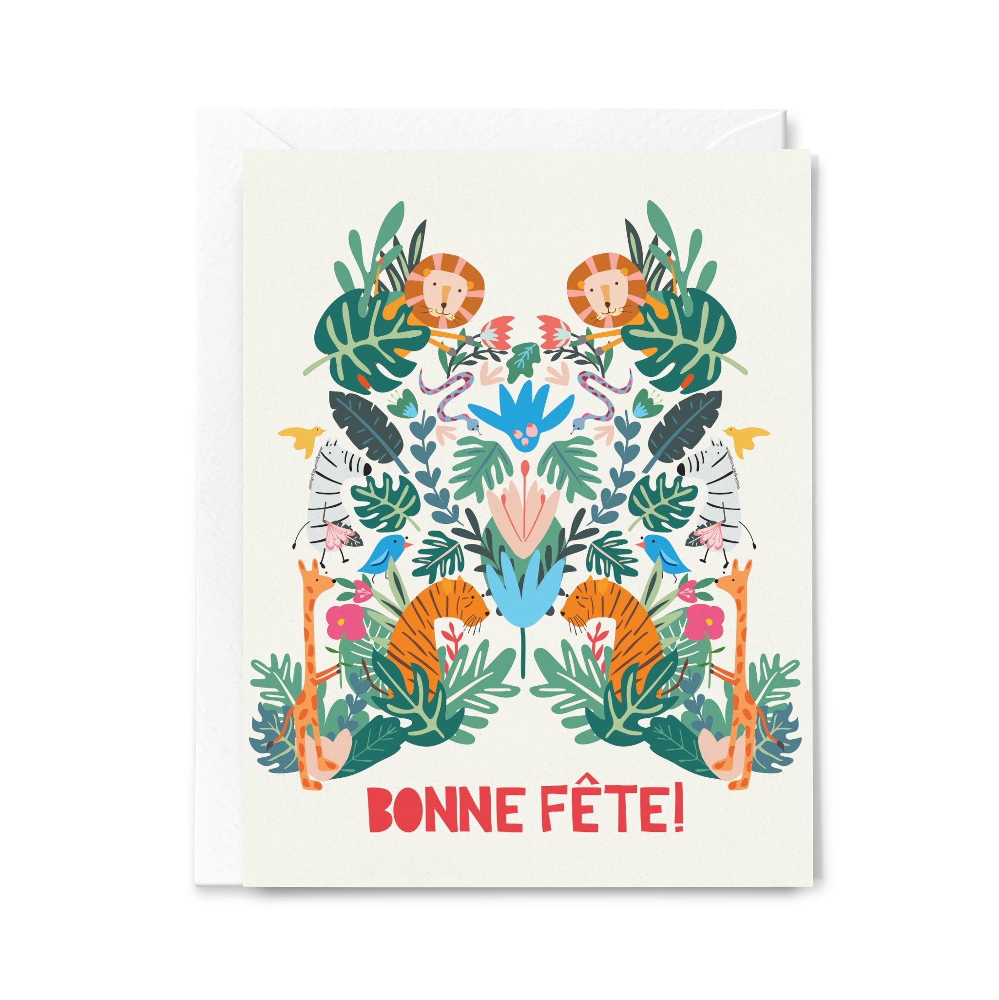 Greeting card with colorful illustrations of animals and leaves with 'Bonne Fète!' text.
