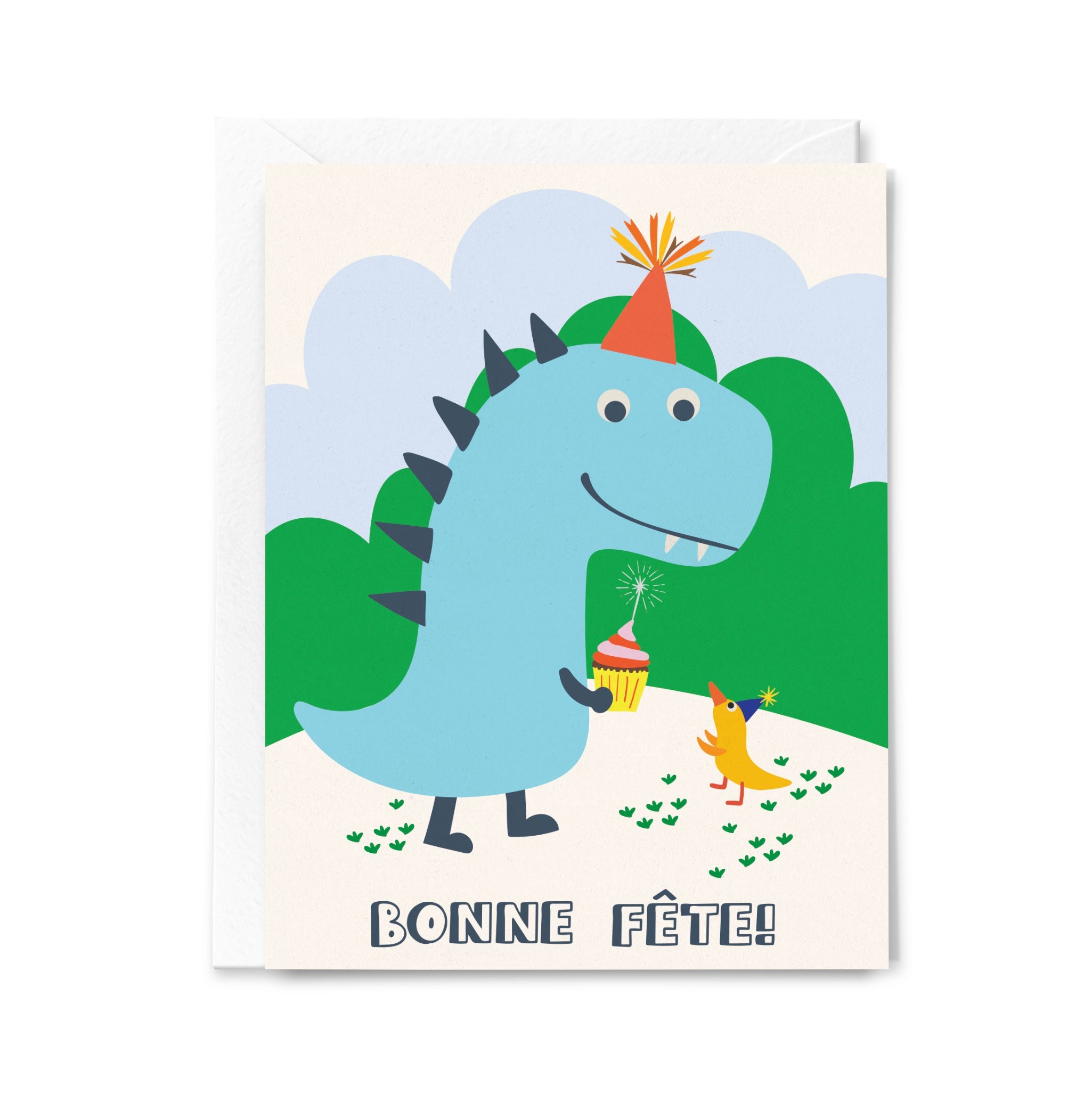 Birthday card with a dinosaur holding a cupcake and the text 'Bonne Fète!' on a white background.