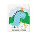 Birthday card with a dinosaur holding a cupcake and the text 'Bonne Fète!' on a white background.