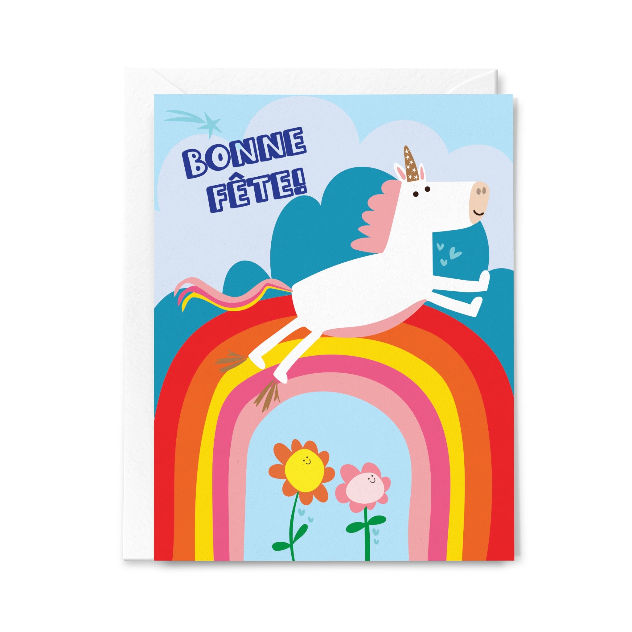 Greeting card with a unicorn on a rainbow, flowers, and 'Bonne Fète!' text.