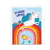 Greeting card with a unicorn on a rainbow, flowers, and 'Bonne Fète!' text.