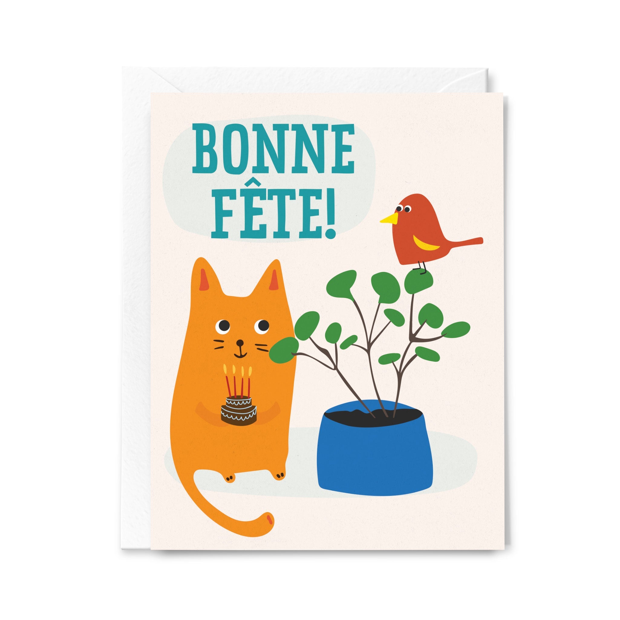 Greeting card with an orange cat, plant, and bird illustration, featuring 'Bonne Fète!' text.