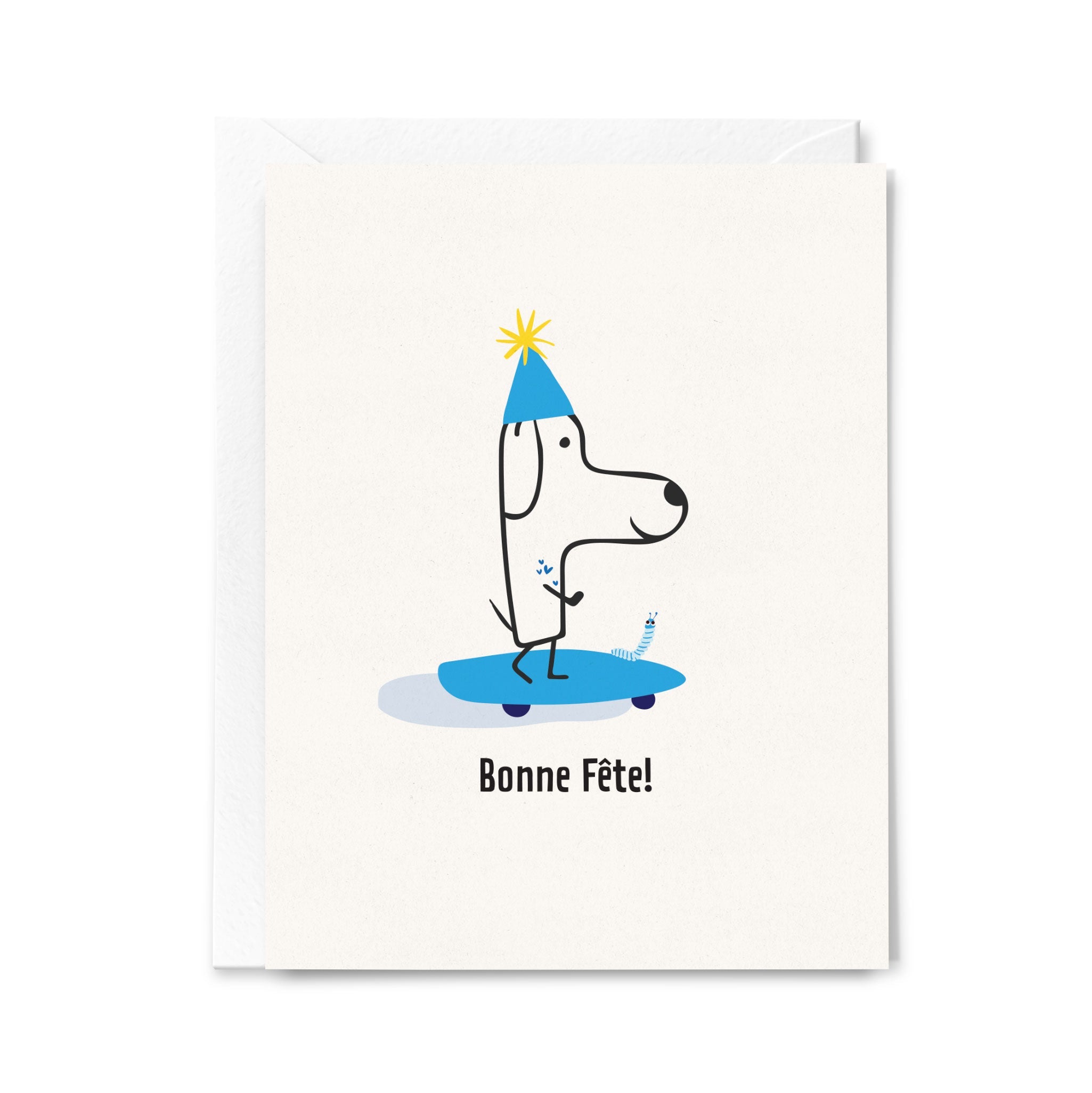 Greeting card with a dog wearing a party hat and 'Bonne Fète!' text on a white background