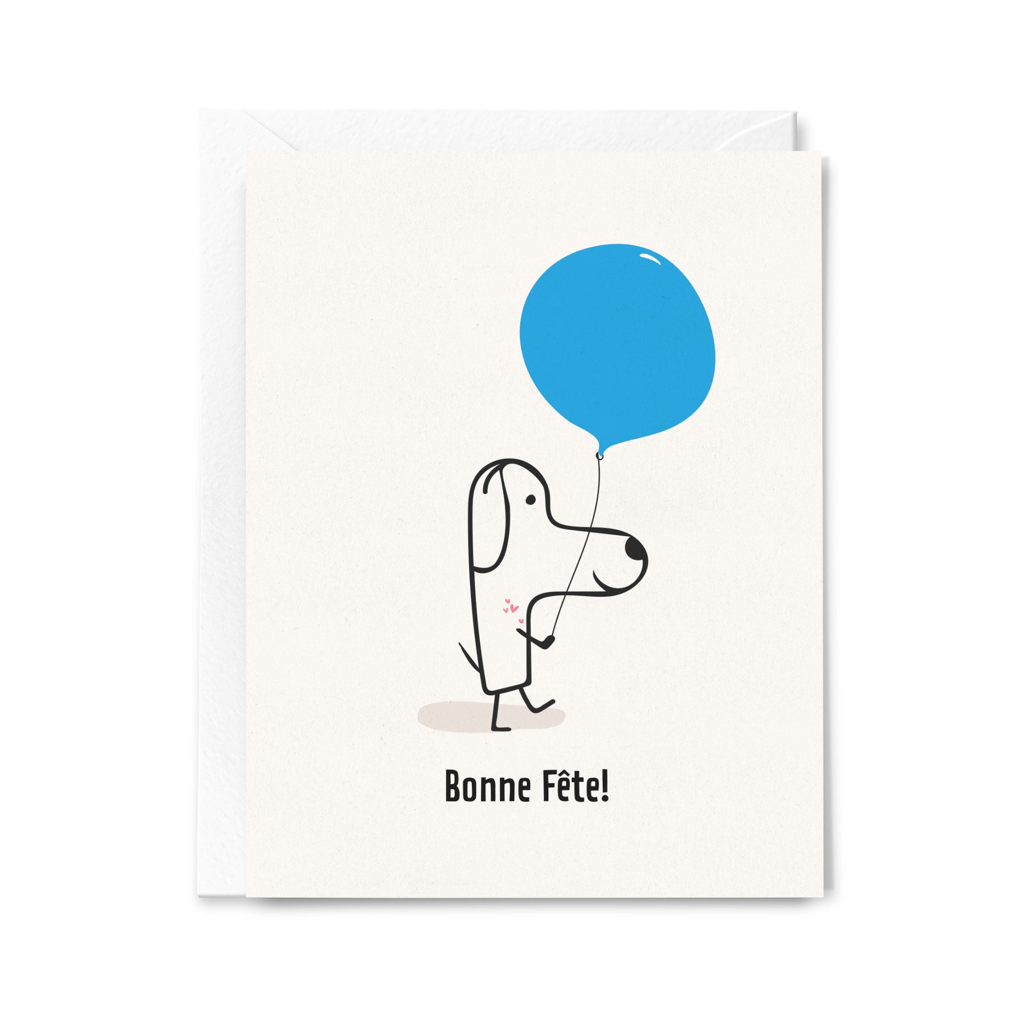 Greeting card with a dog holding a blue balloon and 'Bonne Fète!' text on a white background