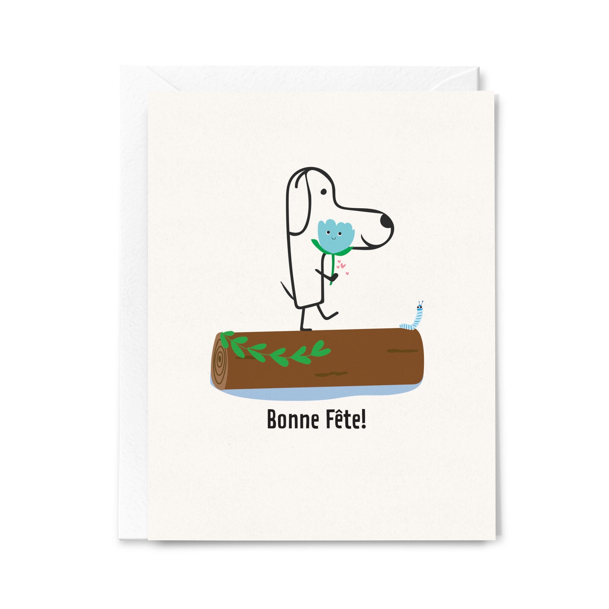 Greeting card with a cartoon dog on a log and 'Bonne Fète!' text.