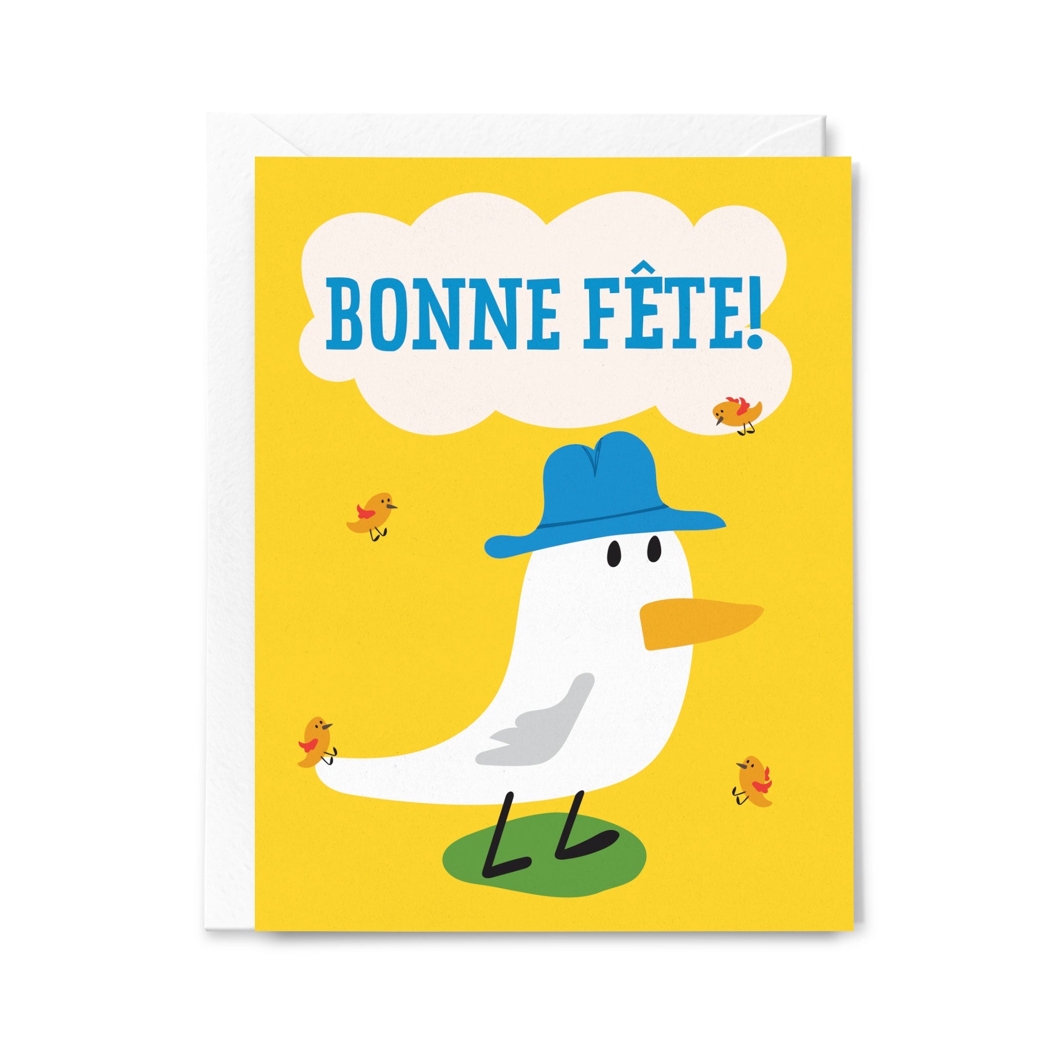 Greeting card with a cartoon duck wearing a blue hat and 'Bonne Féte!' text on a yellow background.