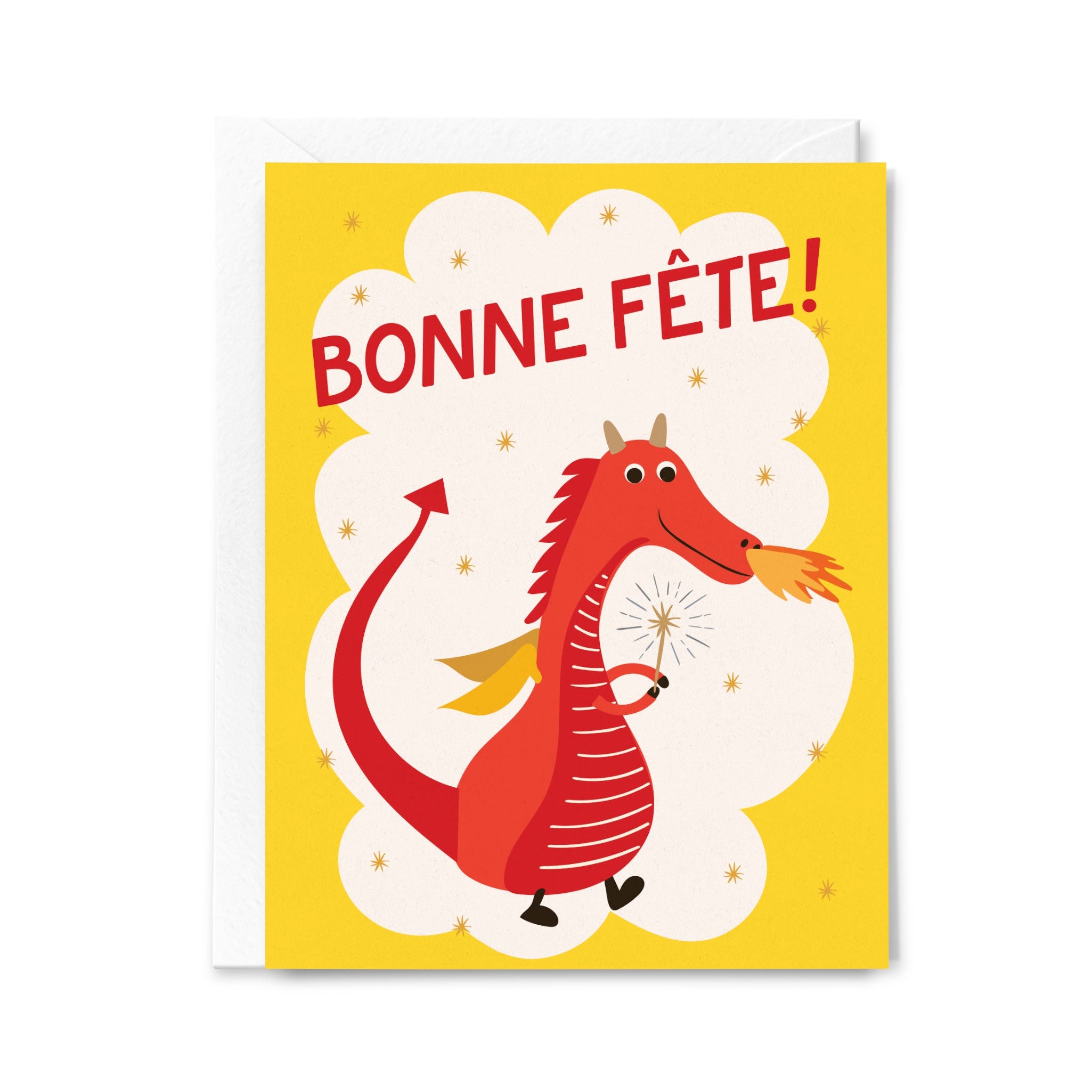 Greeting card with a red dragon illustration and 'Bonne Fète!' text on a yellow background