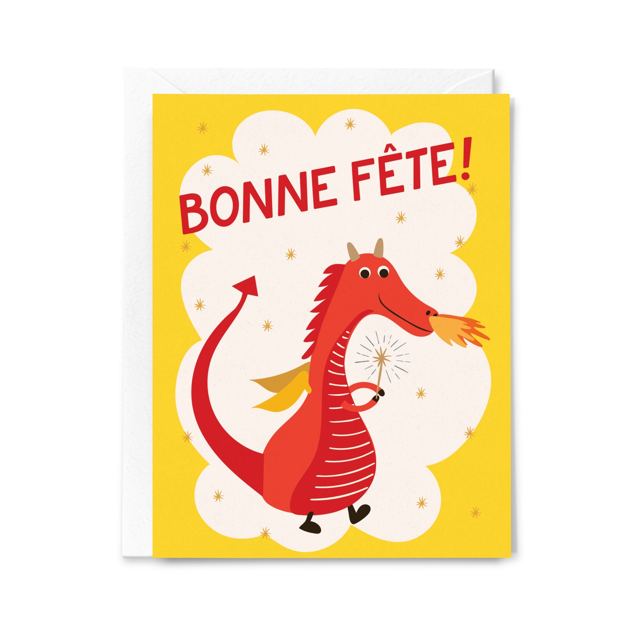 Greeting card with a red dragon illustration and 'Bonne Fète!' text on a yellow background