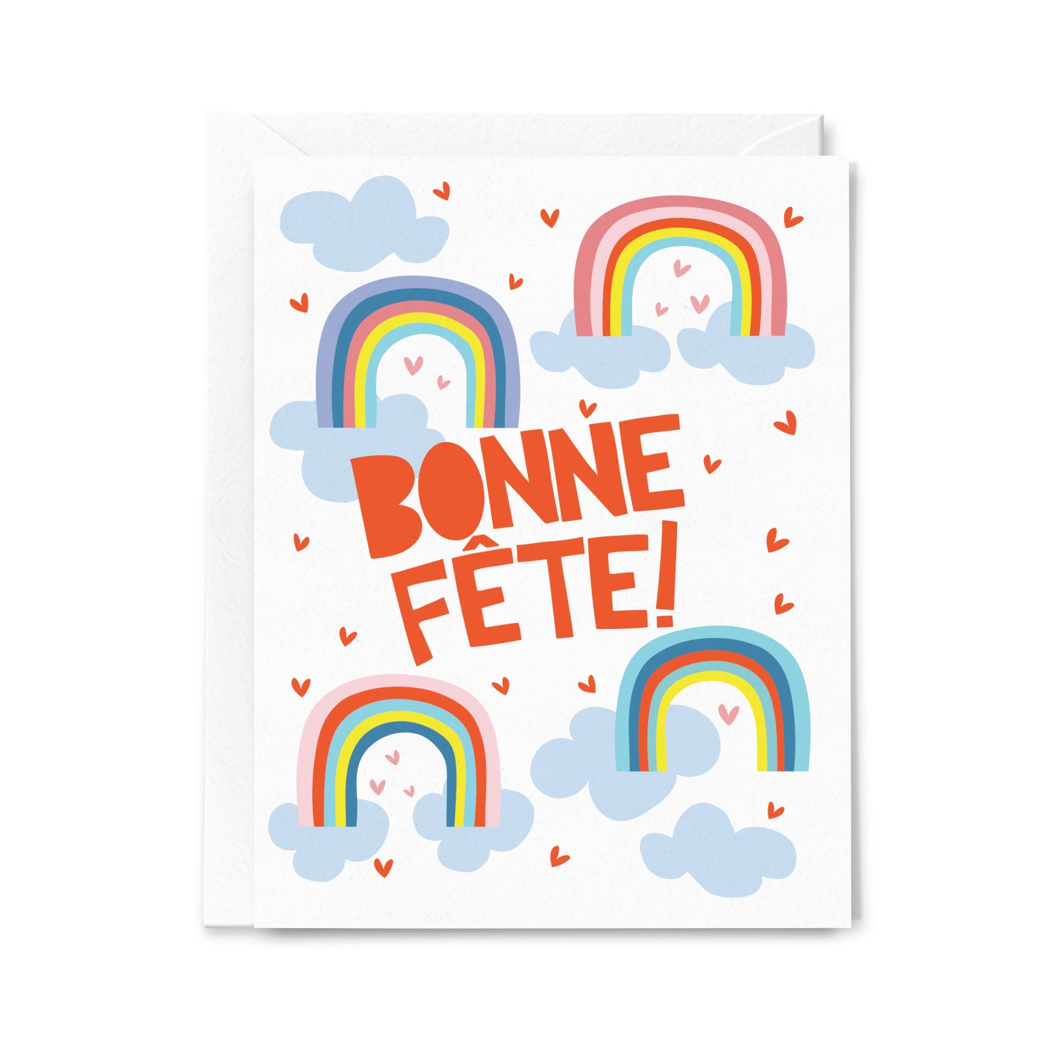 Greeting card with rainbows and 'Bonne Fète!' text on a white background