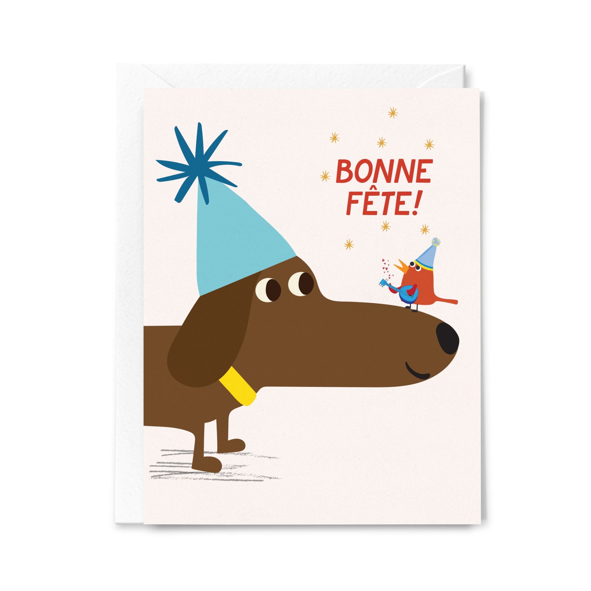 Greeting card with a cartoon dog and bird wearing party hats and 'Bonne Fète!' text on a white background