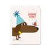 Greeting card with a cartoon dog and bird wearing party hats and 'Bonne Fète!' text on a white background