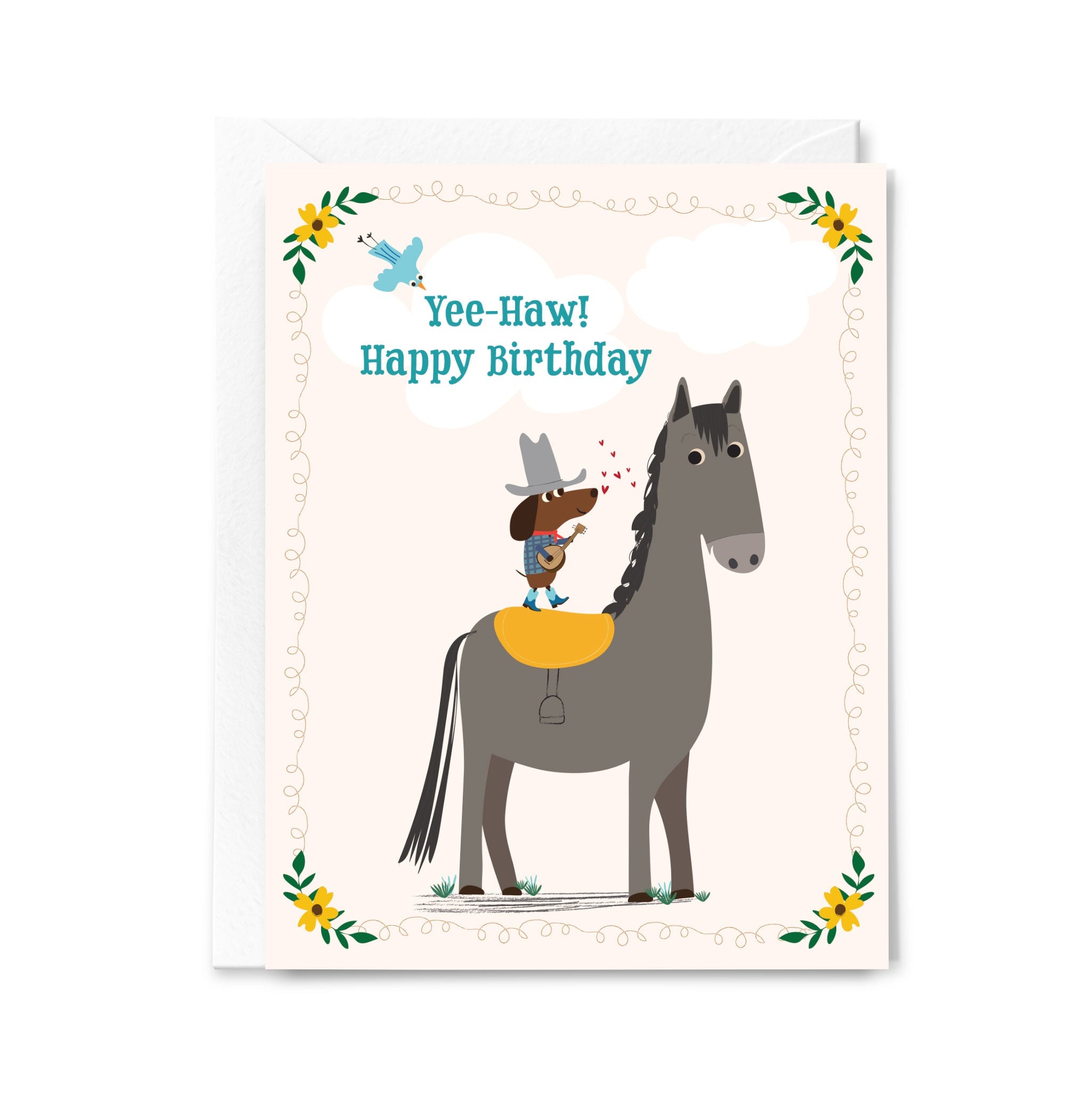 Birthday card with a horse and cowboy hat design, featuring the text 'Yee-Haw! Happy Birthday'.