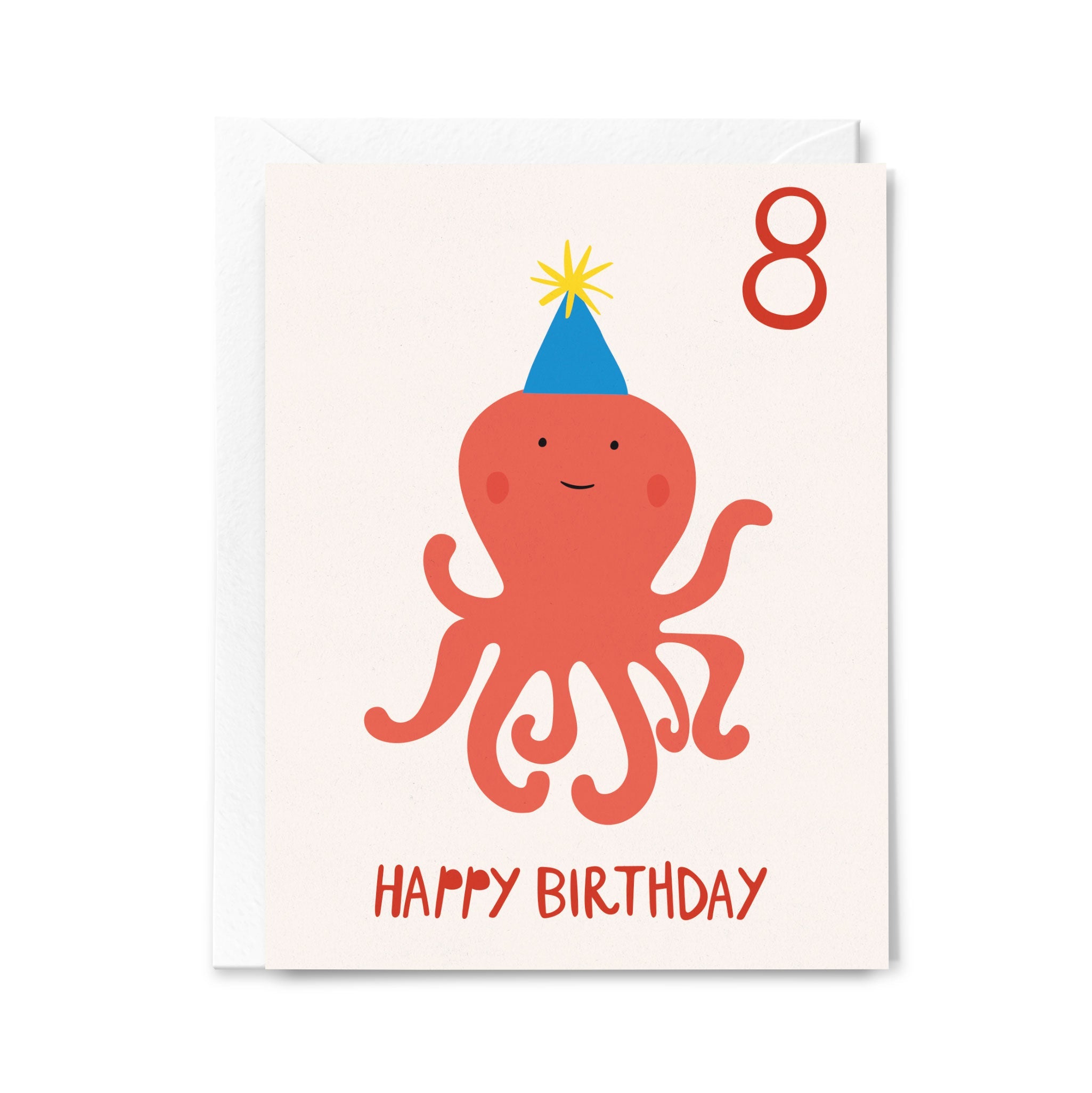Birthday card with a red octopus wearing a blue party hat and the number 8, on a white background.