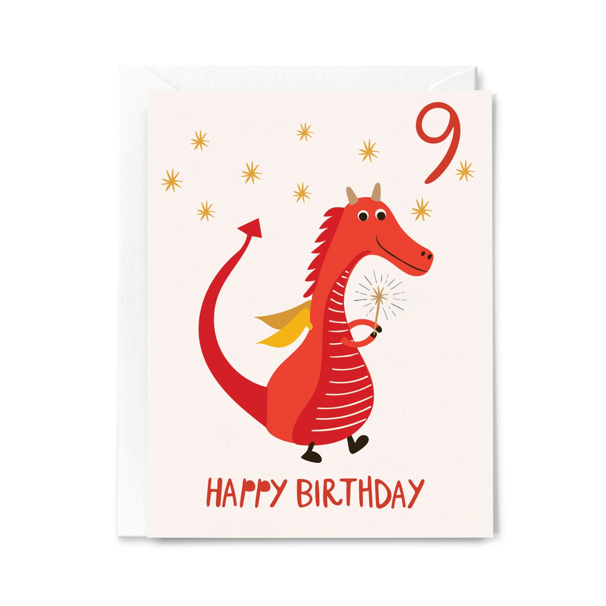 Birthday card with a red dragon holding a number nine on a white background