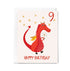Birthday card with a red dragon holding a number nine on a white background