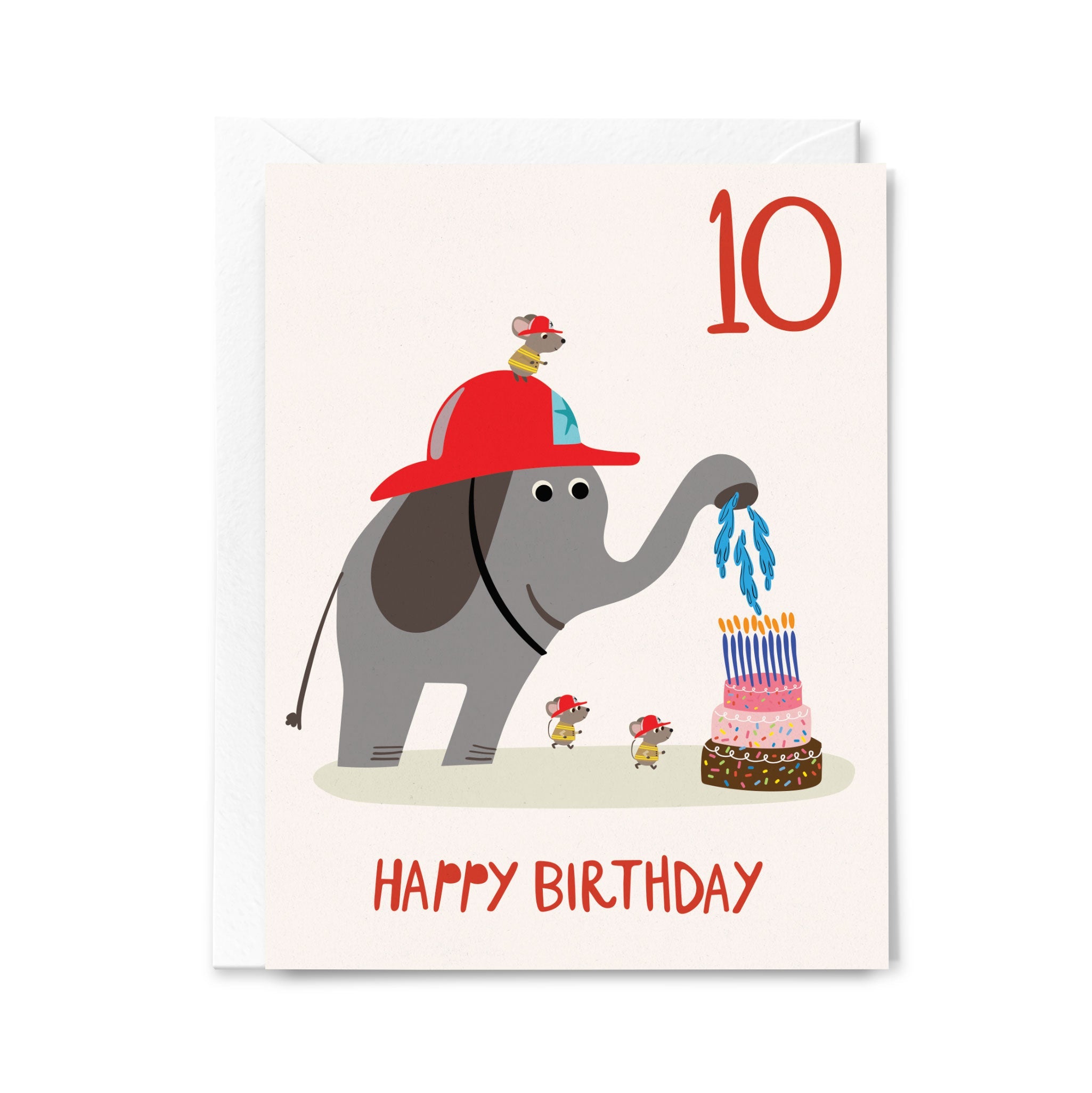Birthday card with an elephant, mouse, and cake illustration on a white background