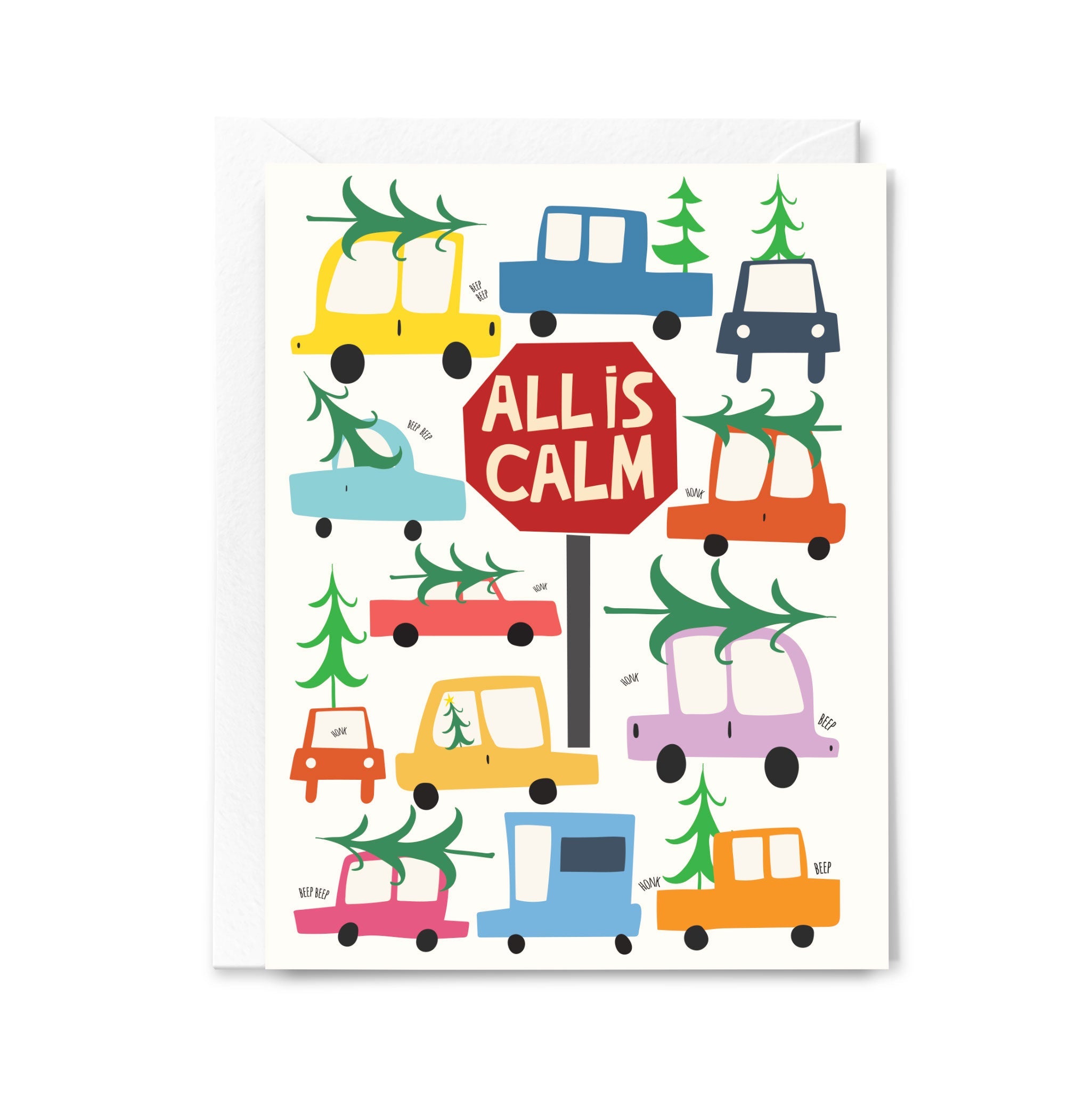 Colorful Christmas card with cartoon cars and a stop sign saying 'All is Calm' on a white background.