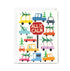Colorful Christmas card with cartoon cars and a stop sign saying 'All is Calm' on a white background.