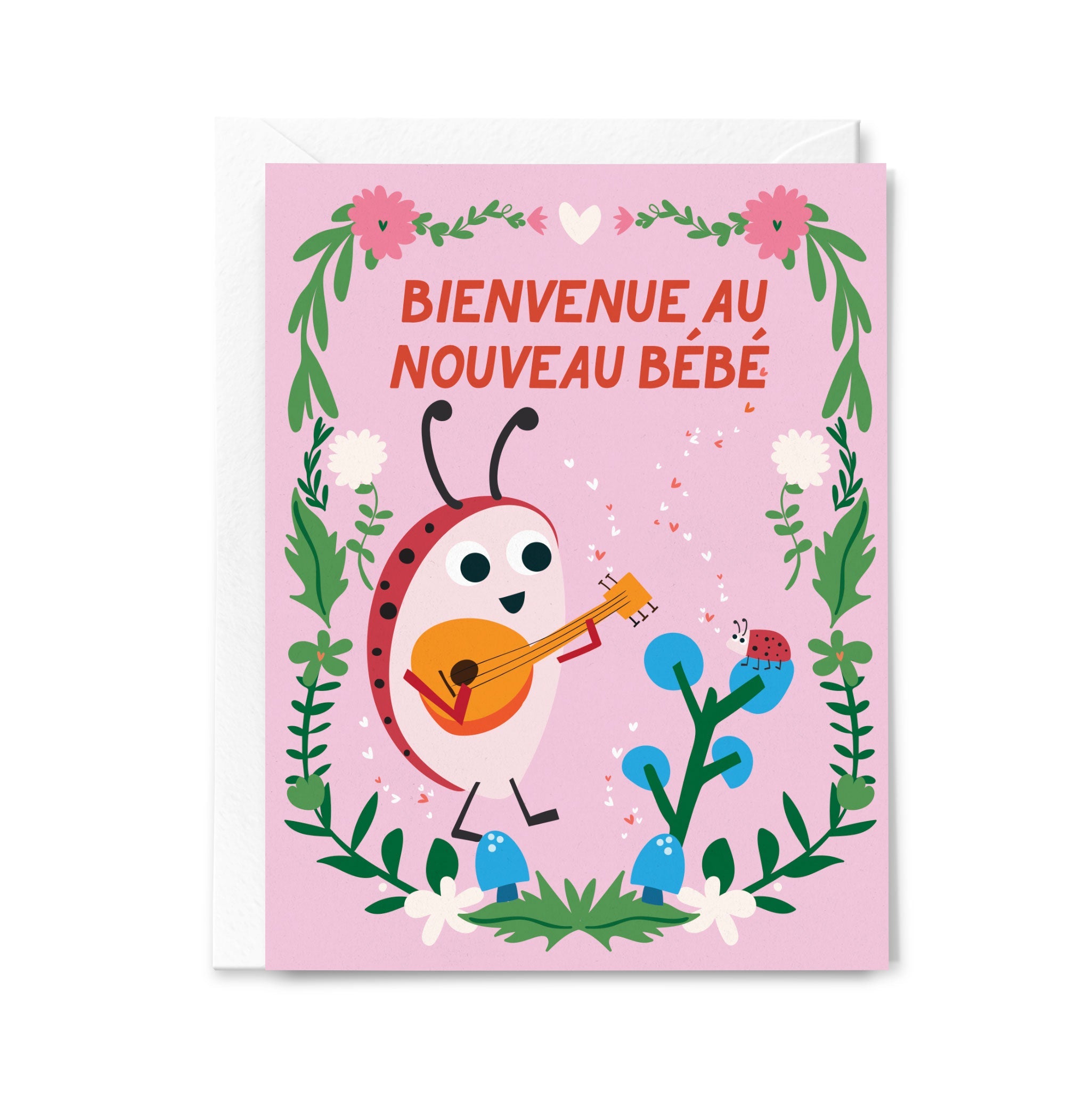 Greeting card with a cartoon ladybug playing a guitar on a pink background with floral elements.