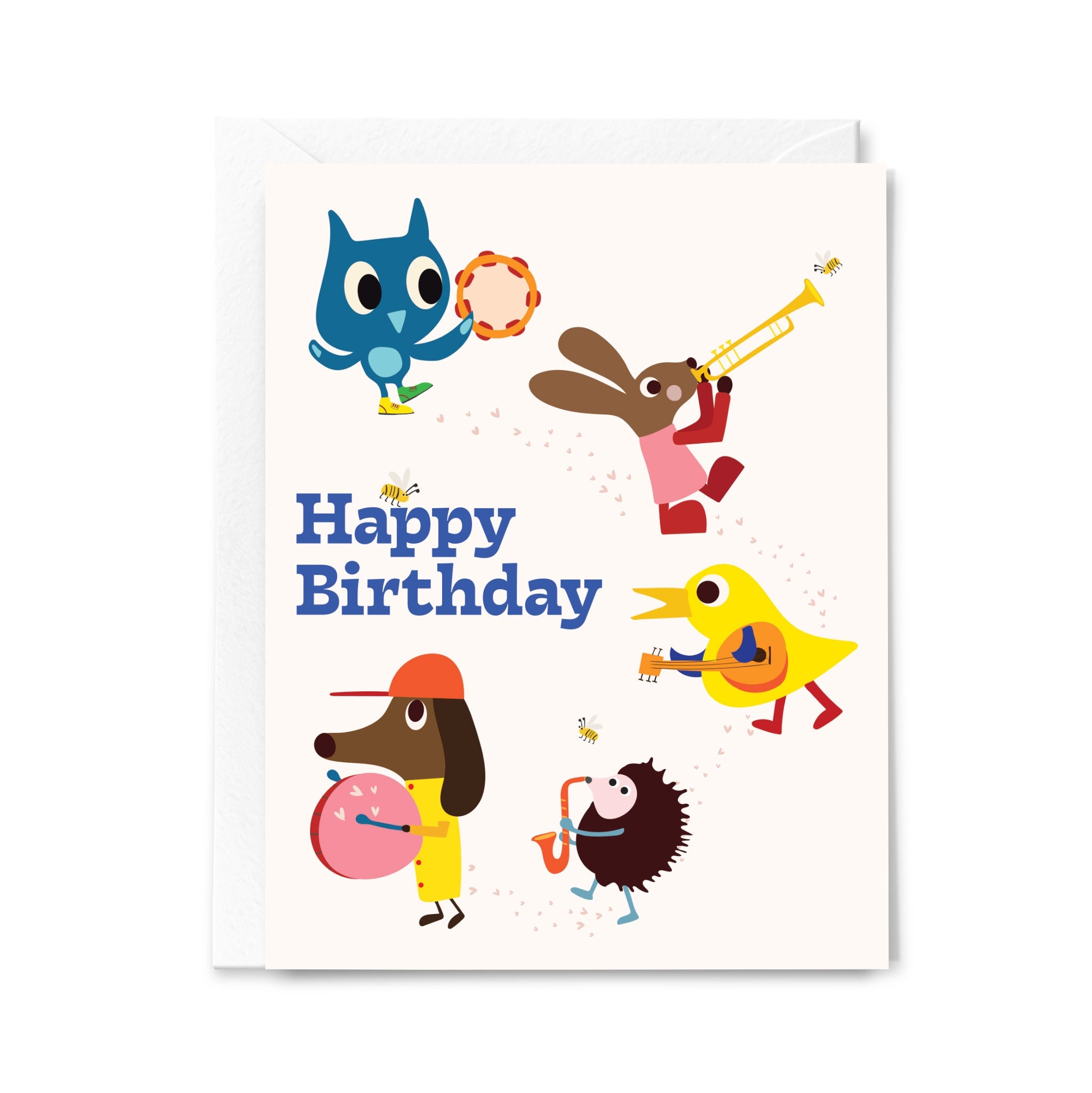 Birthday card with cartoon animals playing instruments on a white background