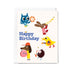Birthday card with cartoon animals playing instruments on a white background