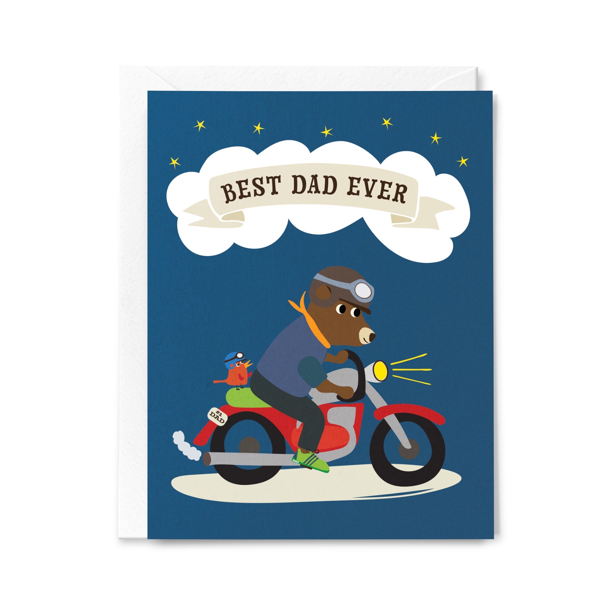 Greeting card with a bear riding a motorcycle and 'Best Dad Ever' text on a blue background