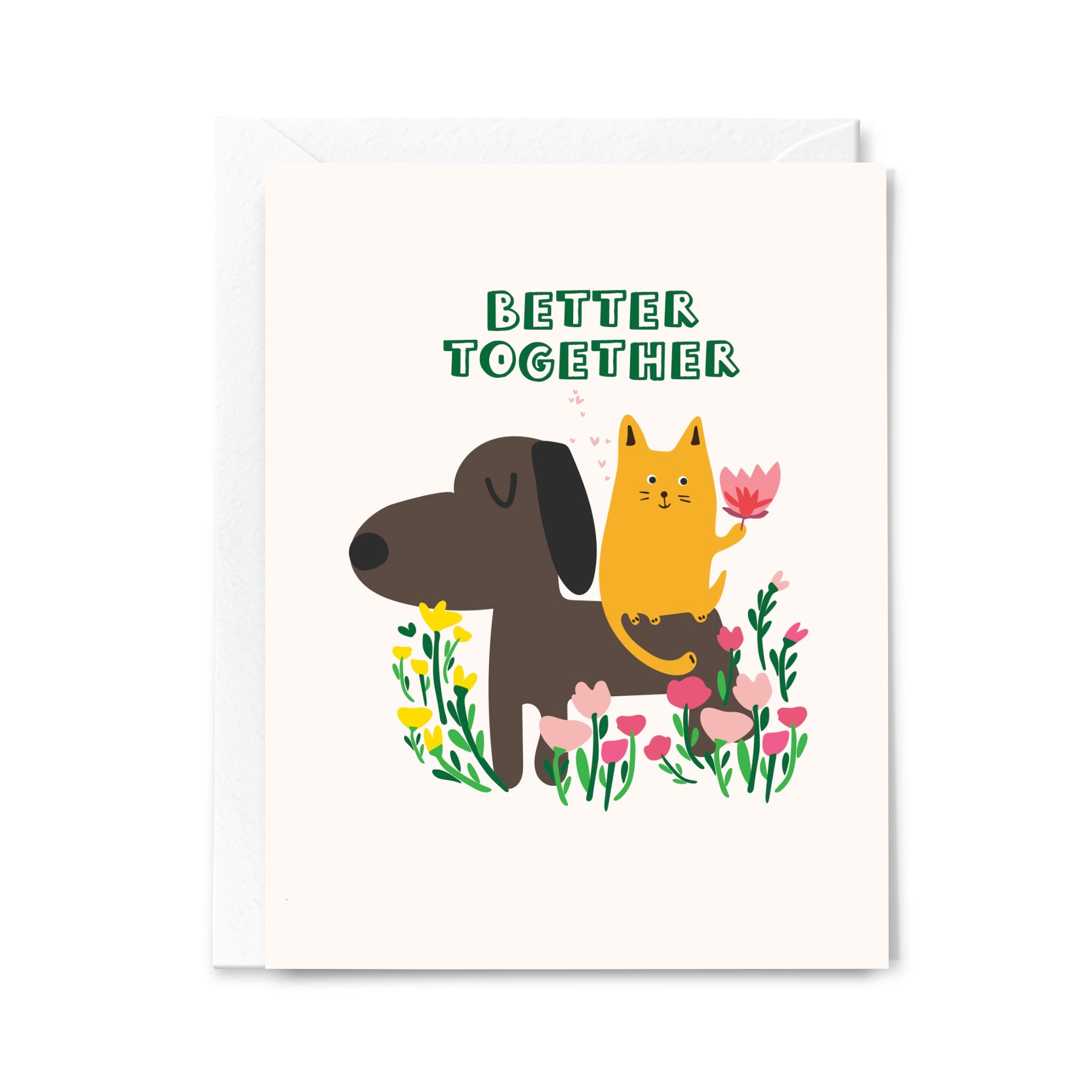 Greeting card with a dog and cat illustration and 'Better Together' text on a white background