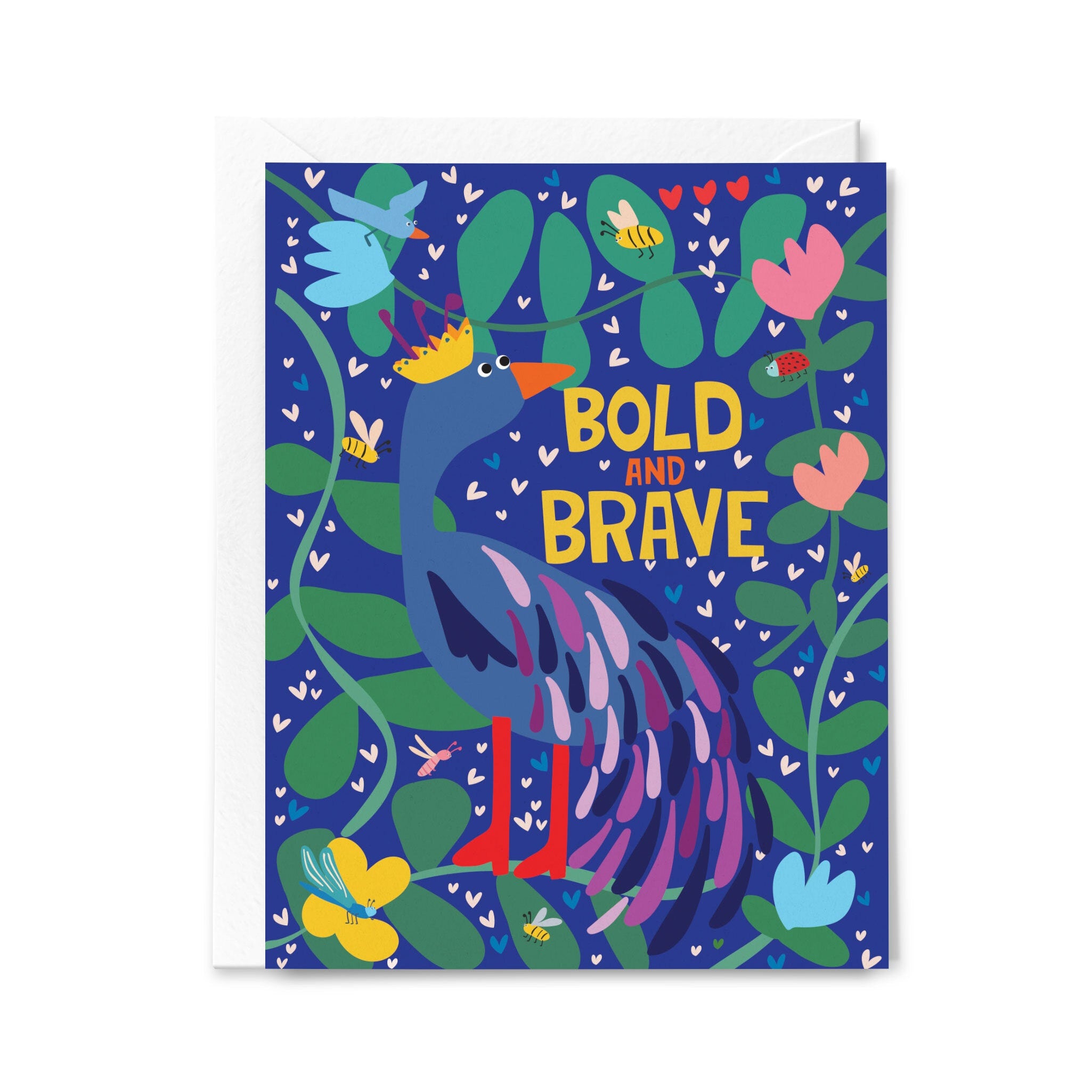 Greeting card with a colorful illustration of a bird and flowers, featuring the text 'Bold and Brave'.