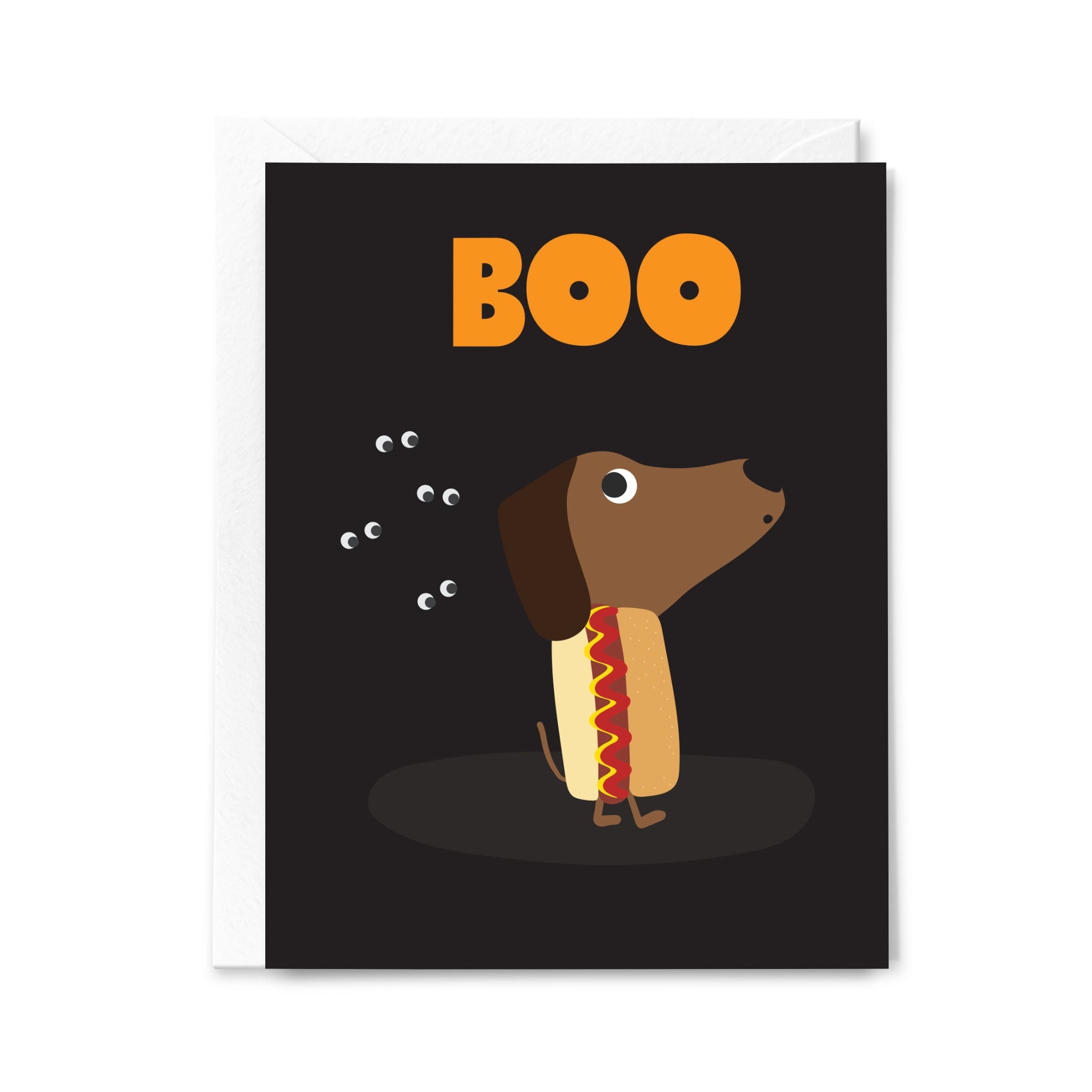Greeting card with a cartoon dog wearing a hot dog costume and 'BOO' text on a black background.