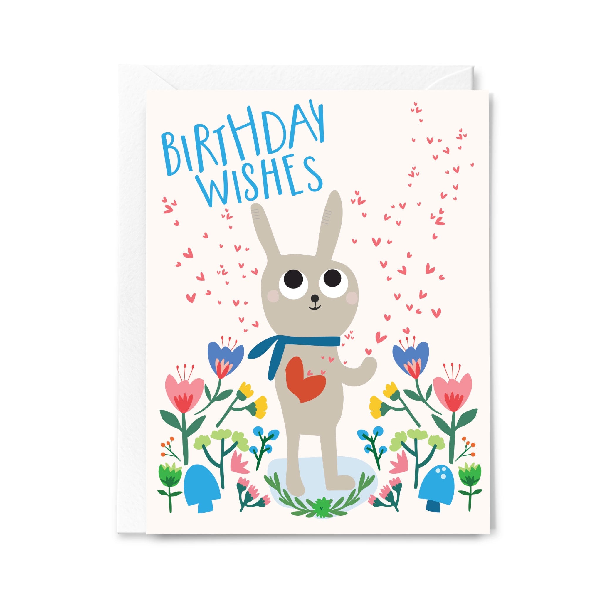 Birthday card with a cartoon rabbit holding a heart, surrounded by flowers and mushrooms on a white background.