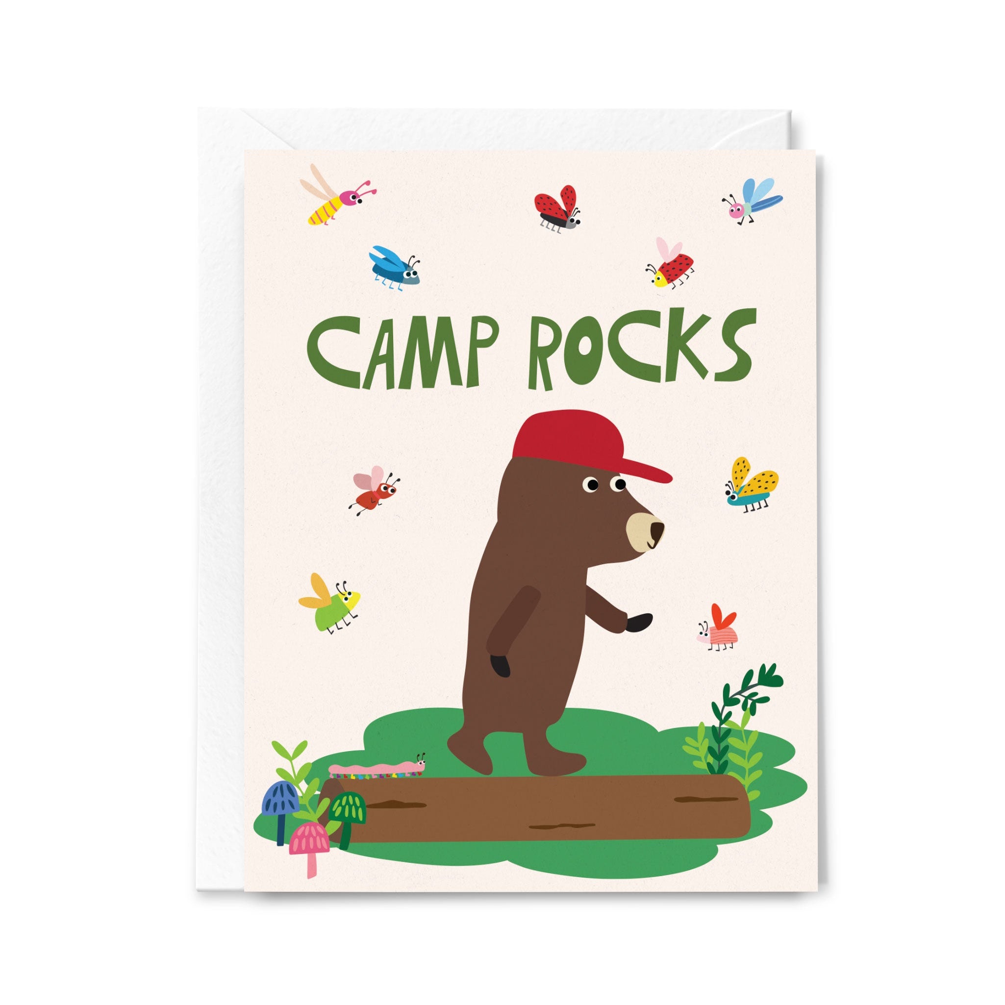 Card with a bear wearing a red cap and the text 'Camp Rocks' on a white background.