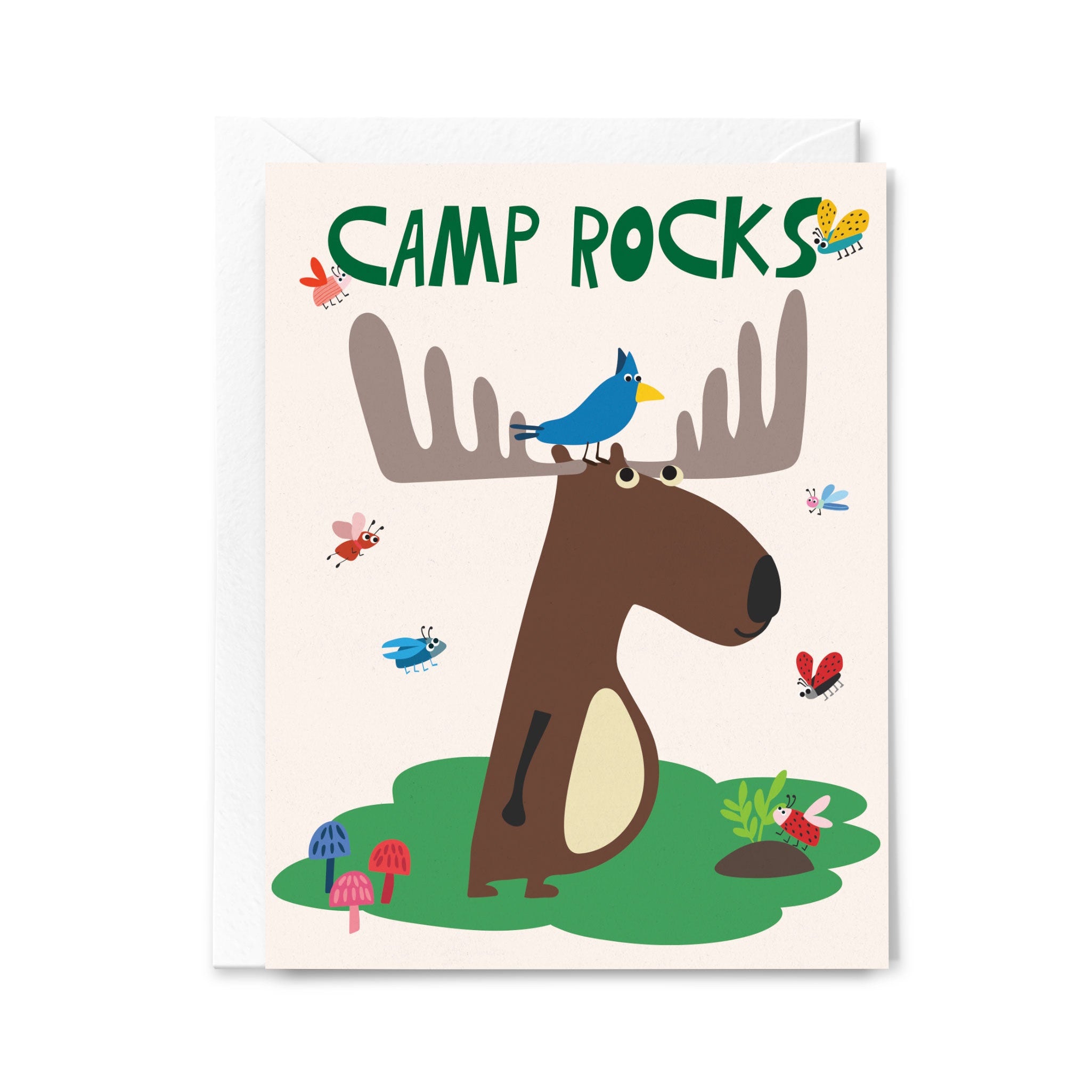 Camp greeting card with a cartoon moose and bluebird on a white background