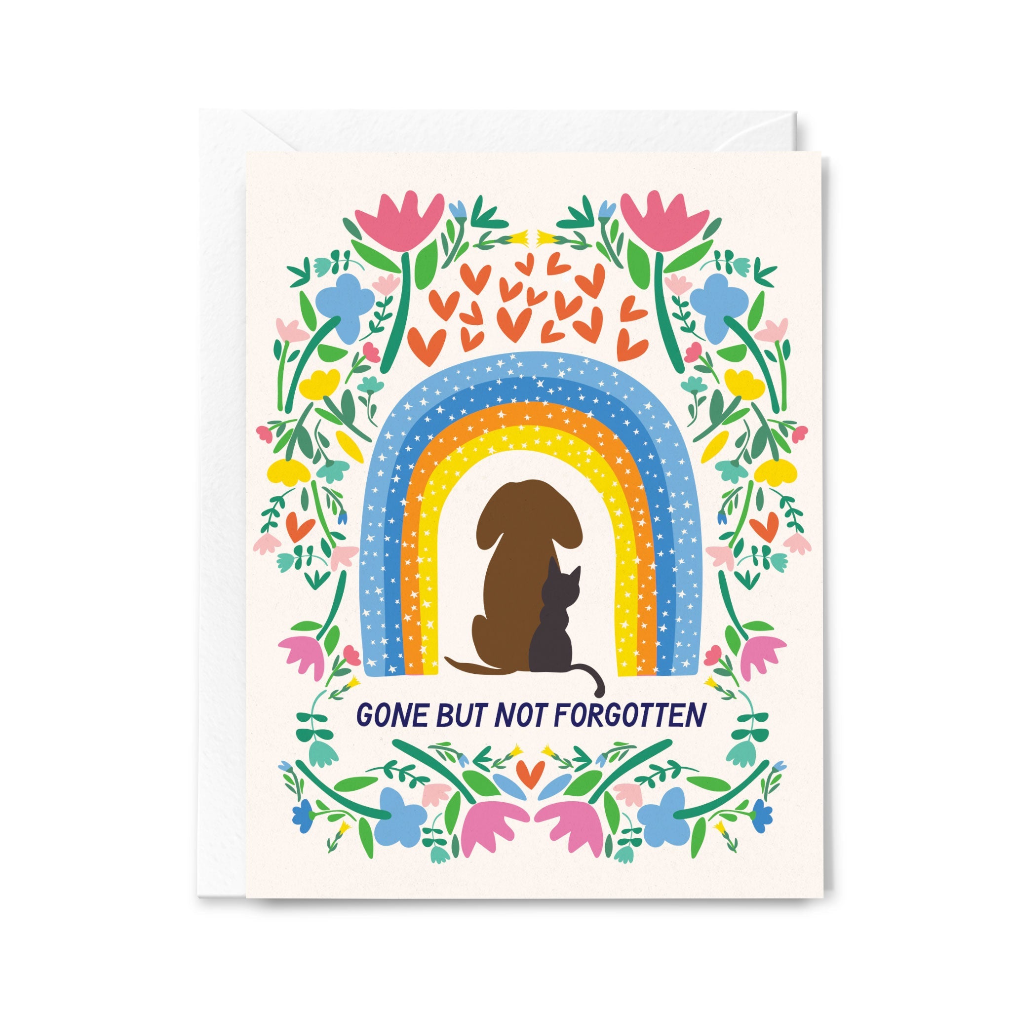 Pet condolences card with a rainbow and silhouettes of a dog and cat, surrounded by flowers, on a white background.
