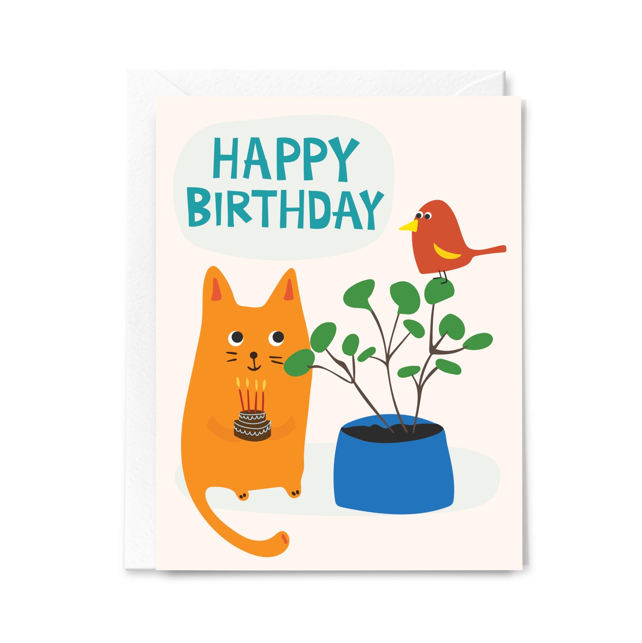 Birthday card with an orange cat, bird, and plant on a white background