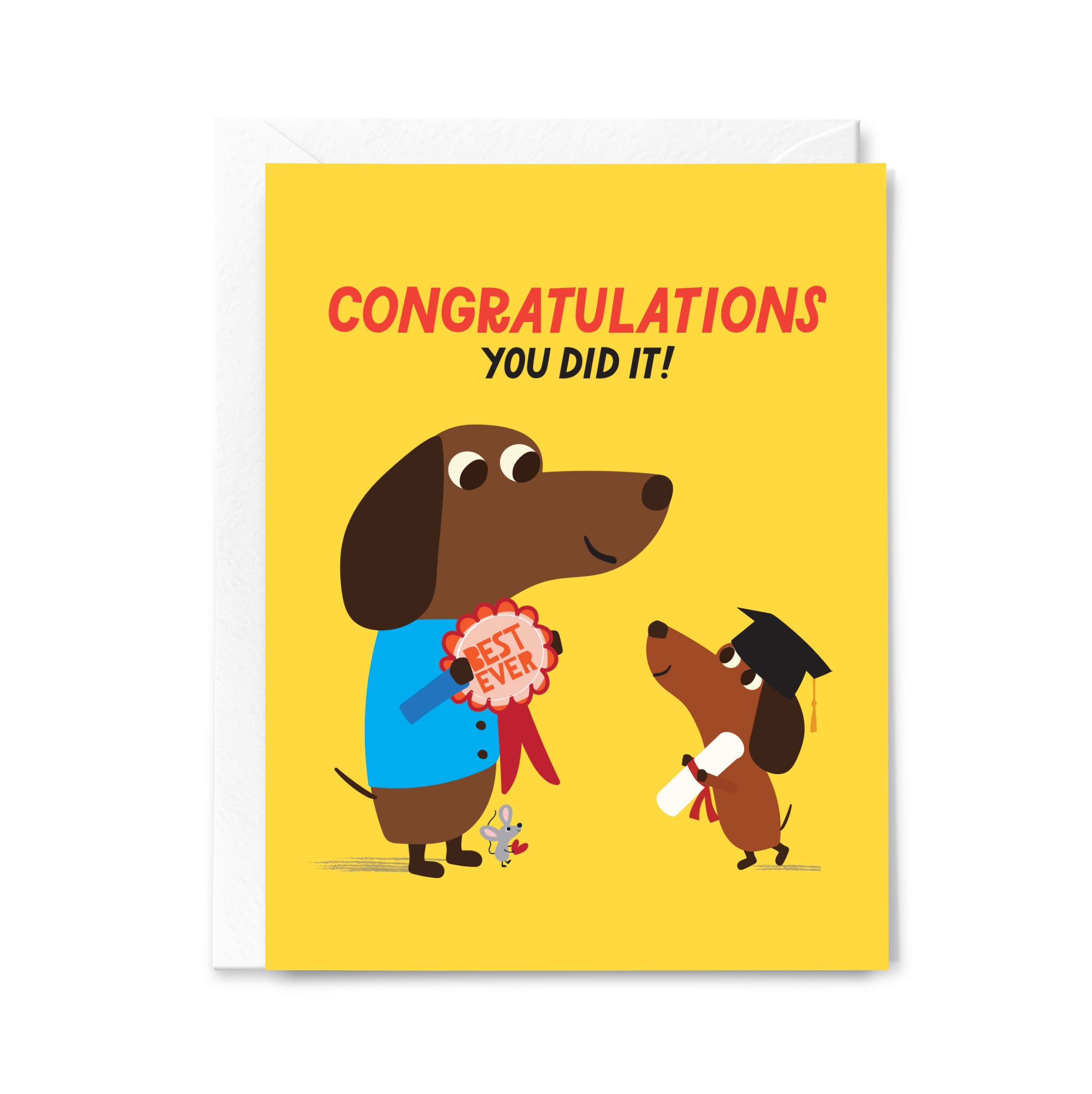 Greeting card with two cartoon dogs celebrating a graduation, on a yellow background.