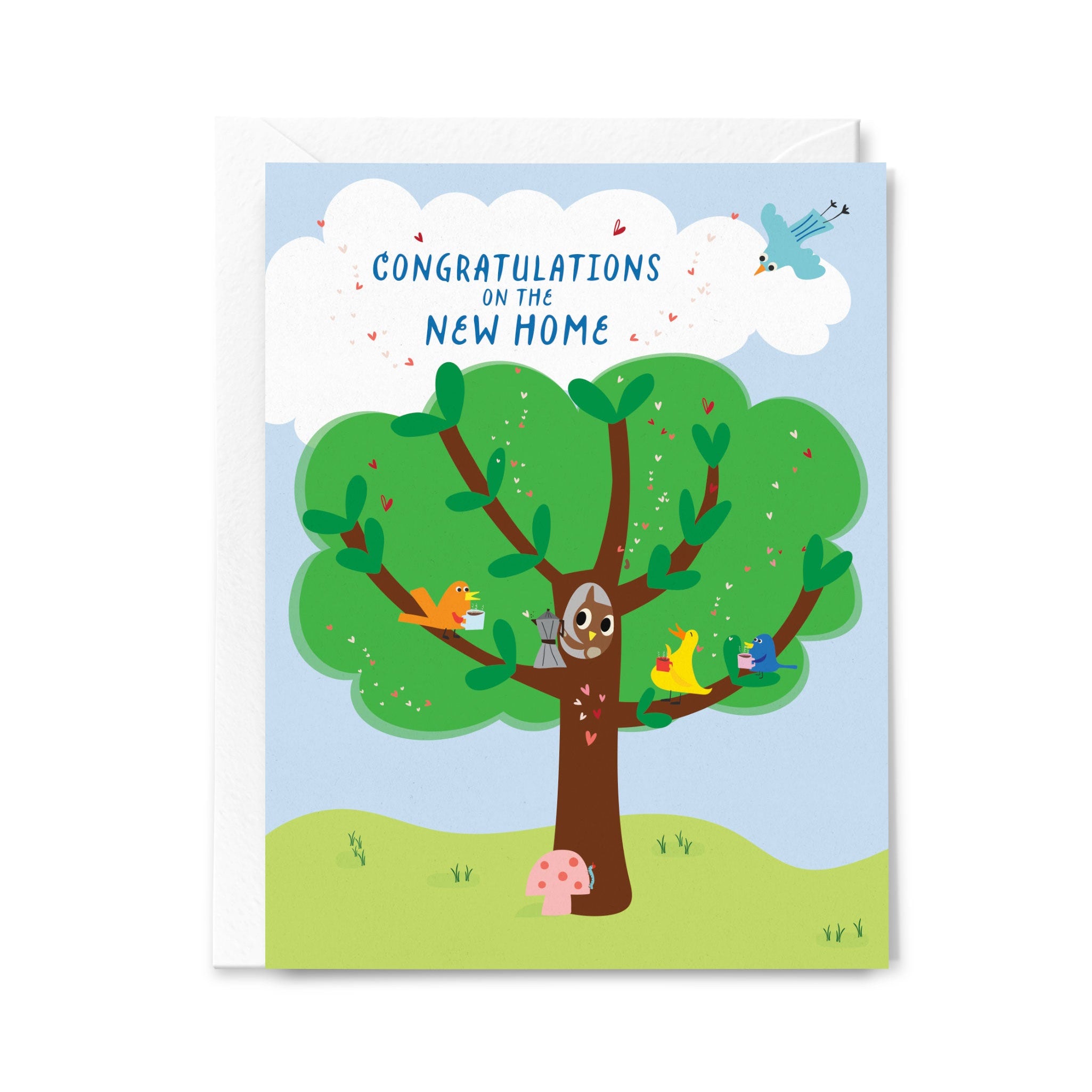 Greeting card with a tree illustration and 'Congratulations on the New Home' text