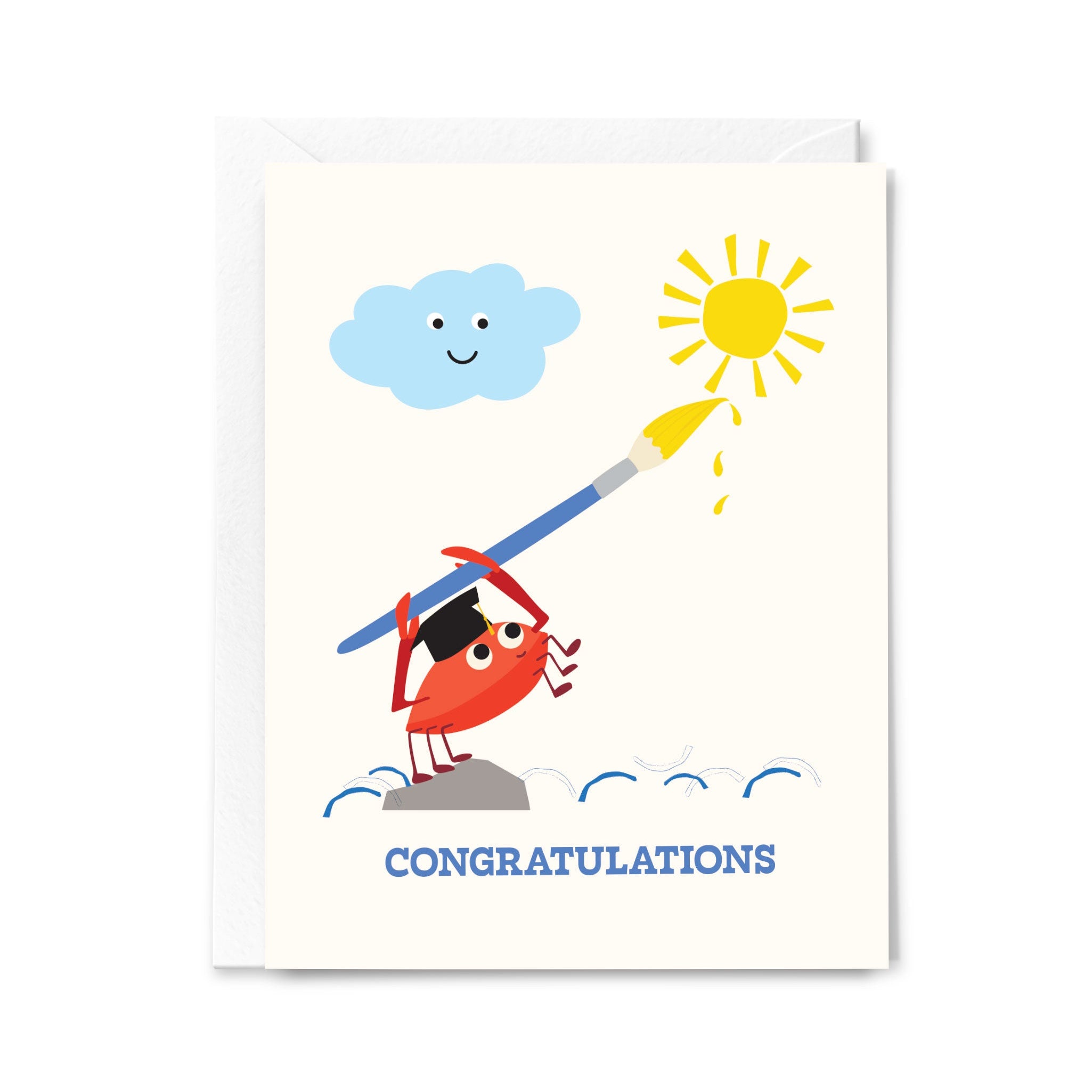 Greeting card with a cartoon character painting a sun on a cloud, with 'Congratulations' text.