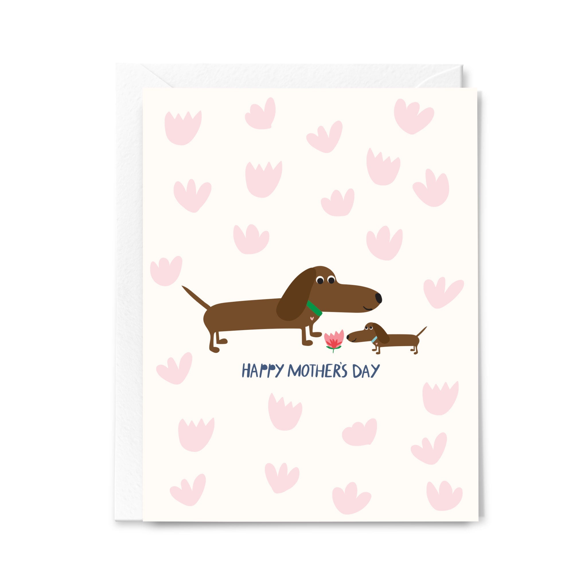 Greeting card with cartoon dogs and 'Happy Mother's Day' text on a white background with pink flower pattern