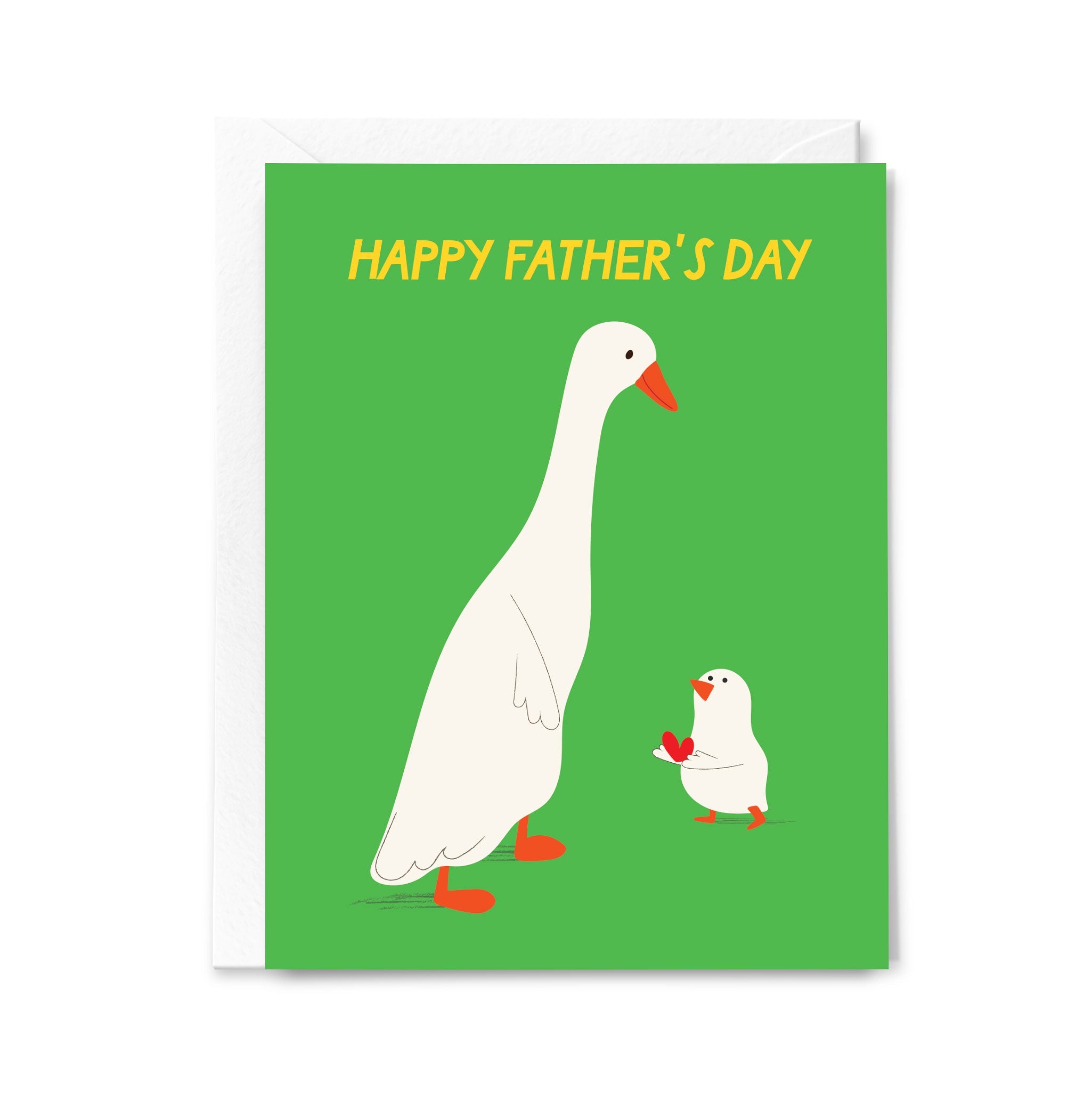 Father's Day card with a goose and duck illustration on a green background