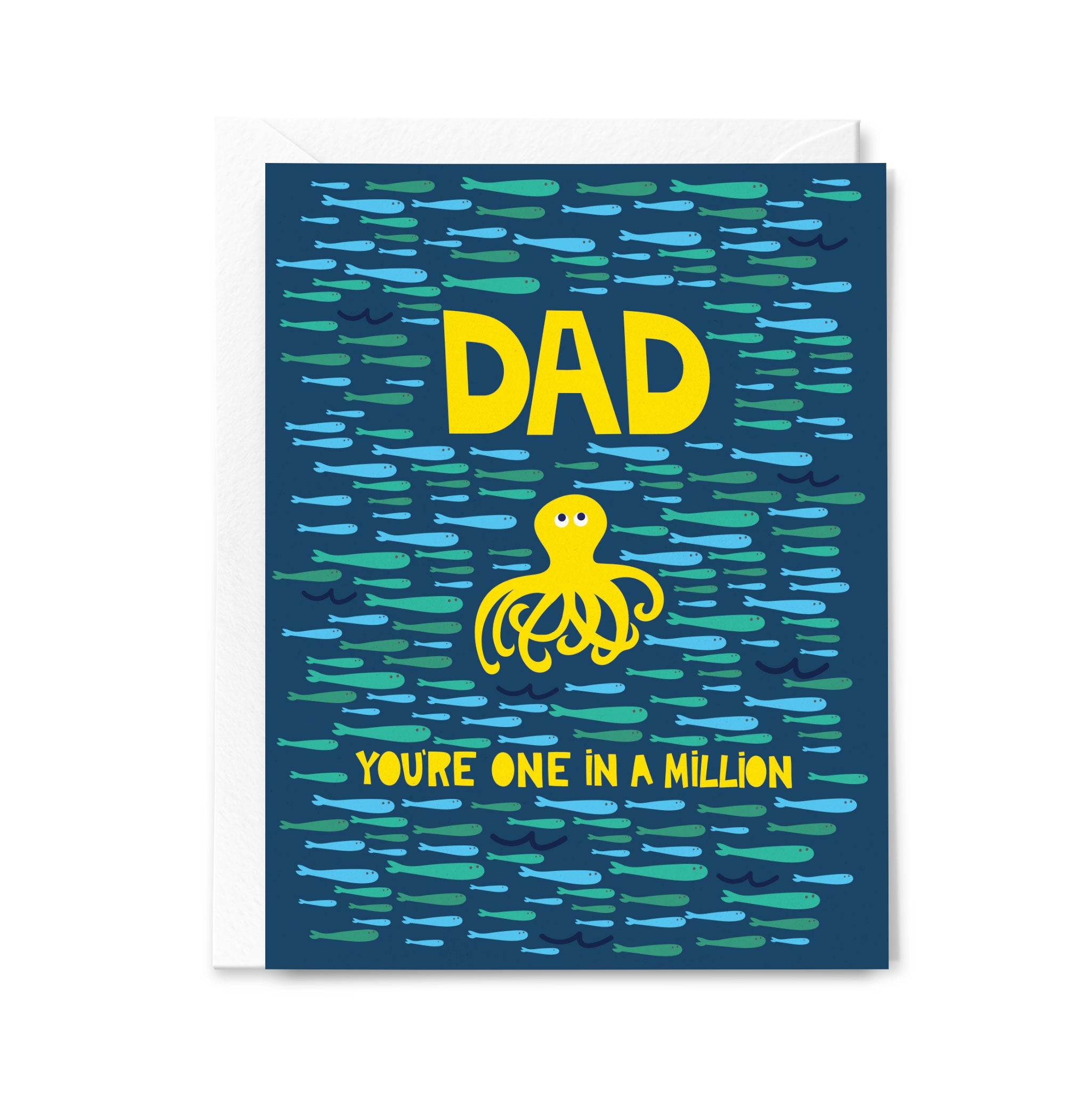Greeting card with a yellow octopus and text on a blue watercolor background