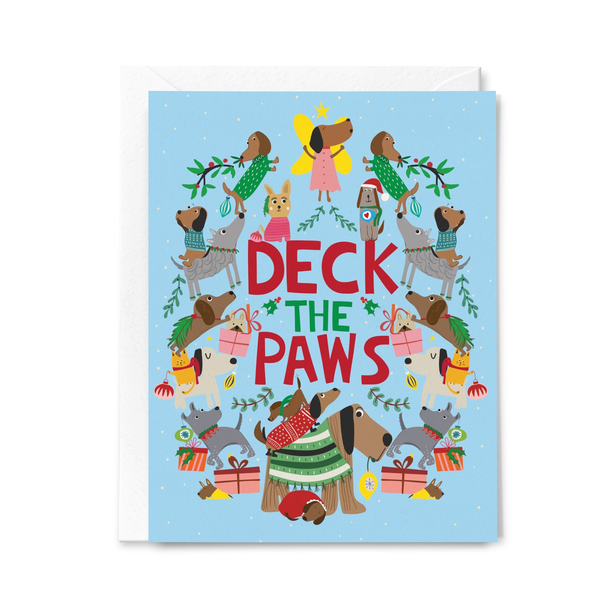 Christmas card with dogs and 'Deck the Paws' text on a light blue background