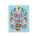 Christmas card with dogs and 'Deck the Paws' text on a light blue background