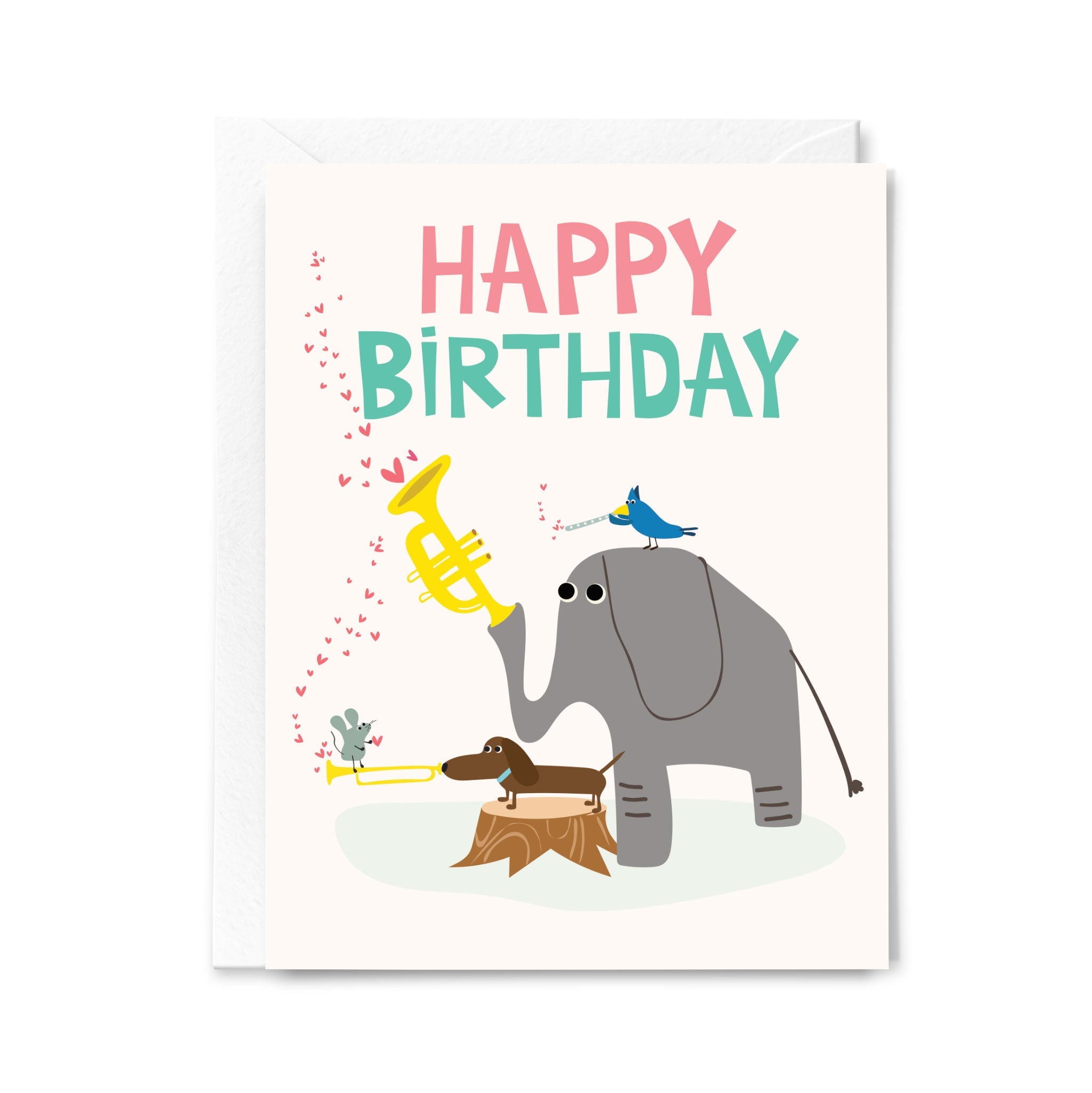 Birthday card with an elephant, dog, and bird illustration on a white background