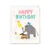 Birthday card with an elephant, dog, and bird illustration on a white background