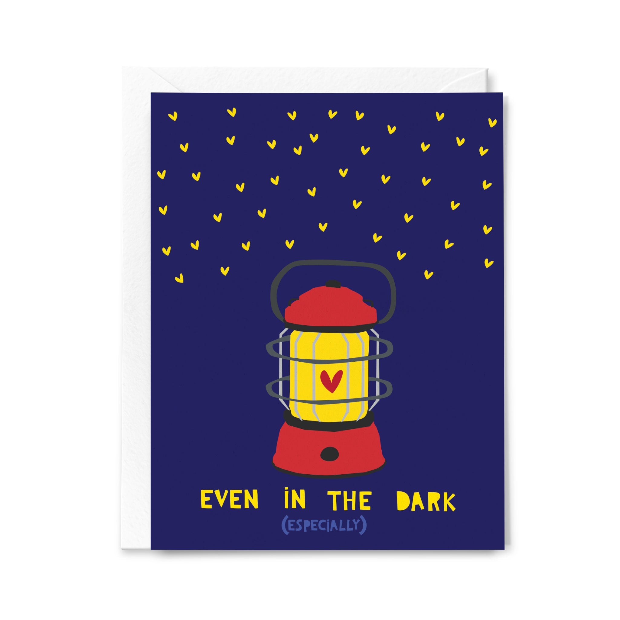 Card with a red lantern and yellow hearts on a blue background