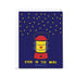 Card with a red lantern and yellow hearts on a blue background