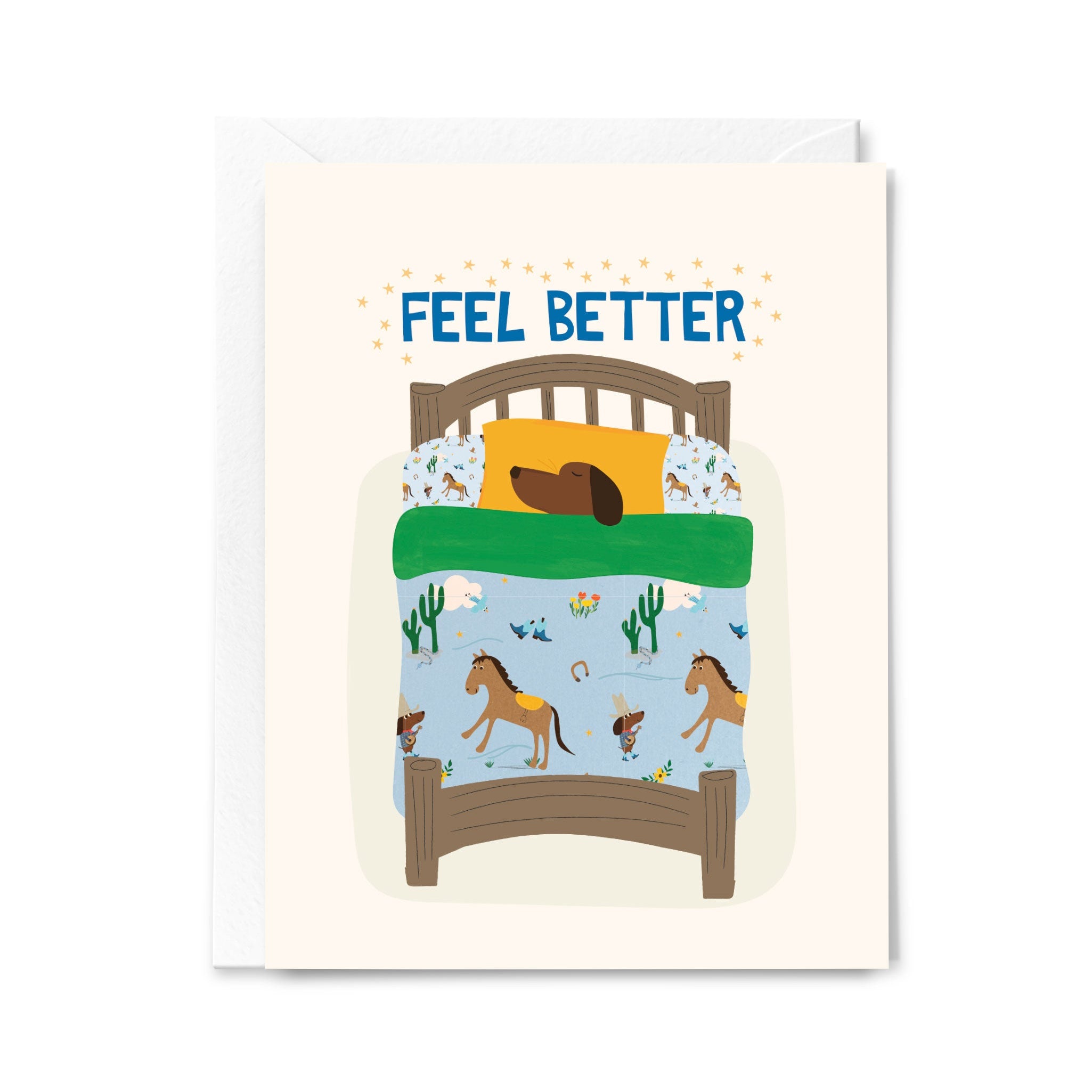 Greeting card with cartoon bed and 'Feel Better' text on a white background