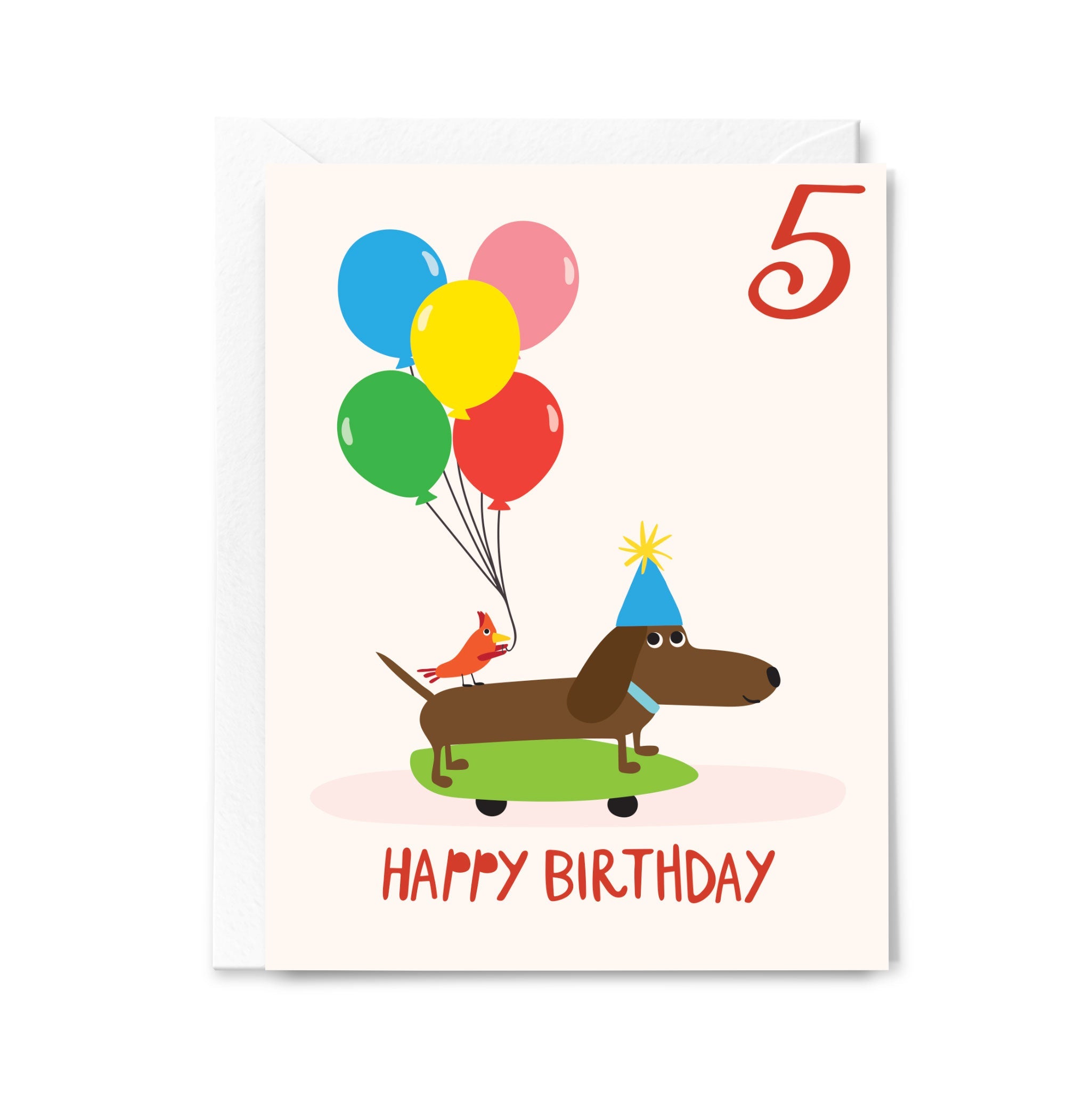 Birthday card with a dachshund, balloons, and a number 5 on a white background