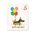 Birthday card with a dachshund, balloons, and a number 5 on a white background