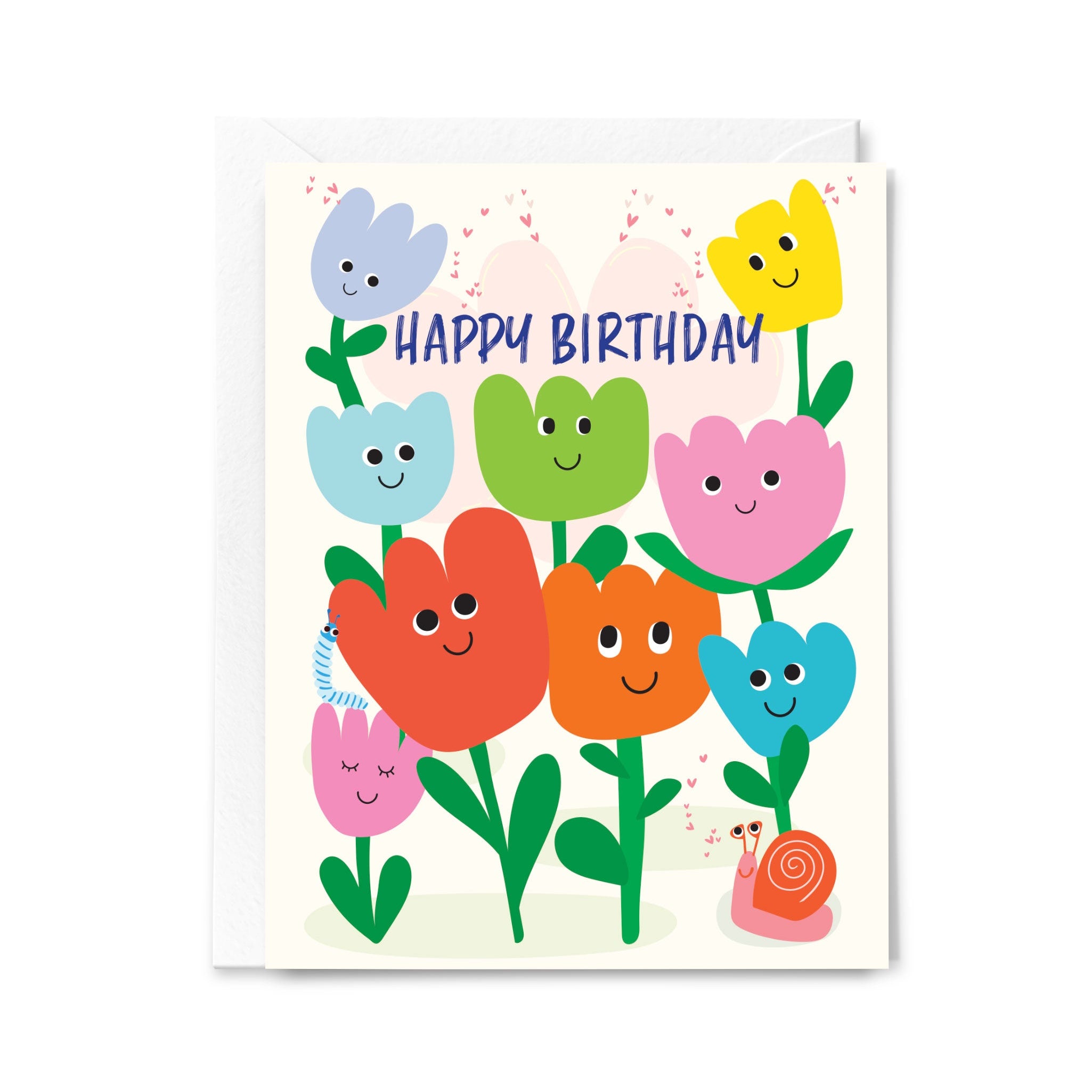 Colorful birthday card with smiling flowers and a snail on a white background